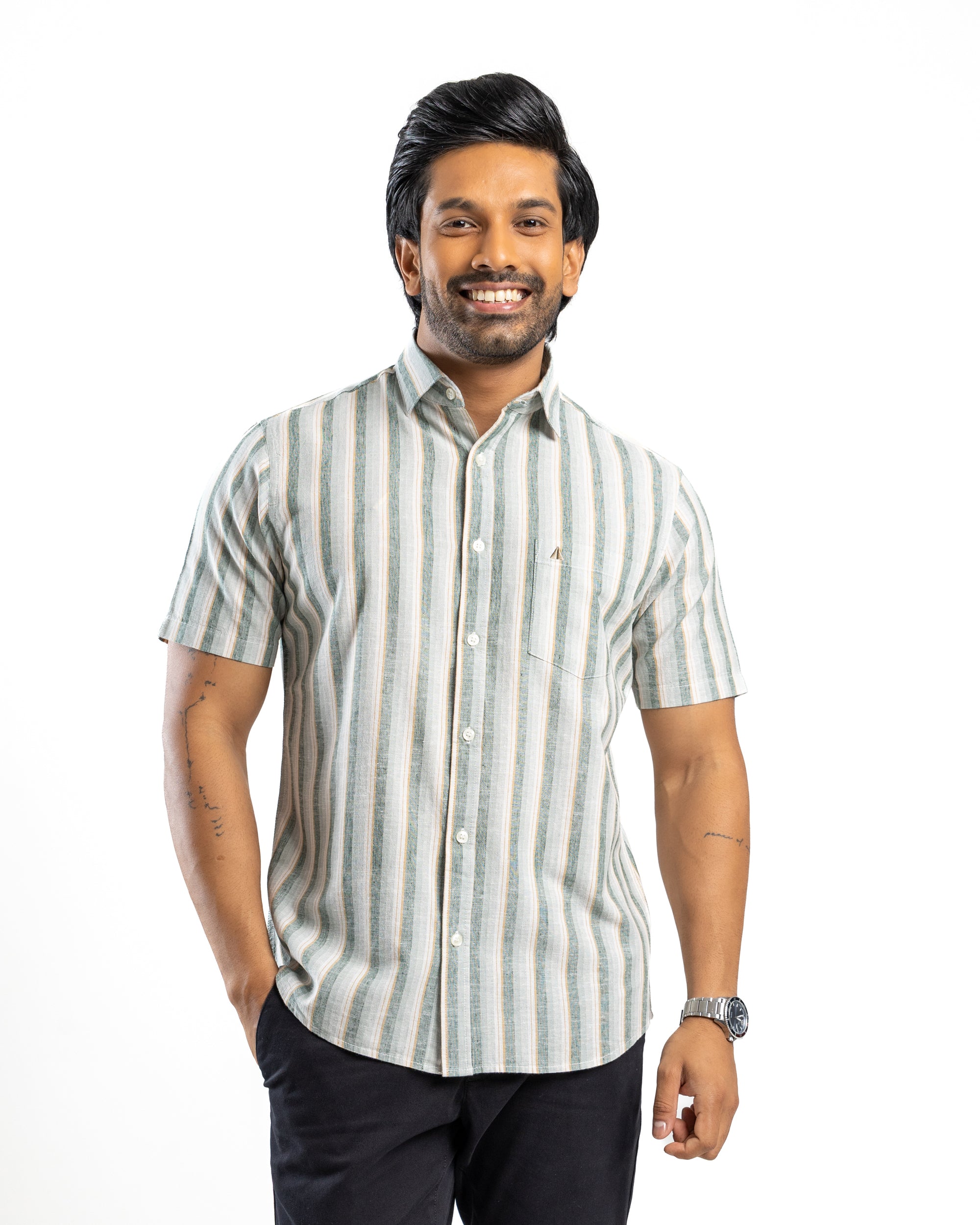 AnationZ Heritage Linen Stripe Short Sleeve Shirt - Deep Canopy Sri Lanka
