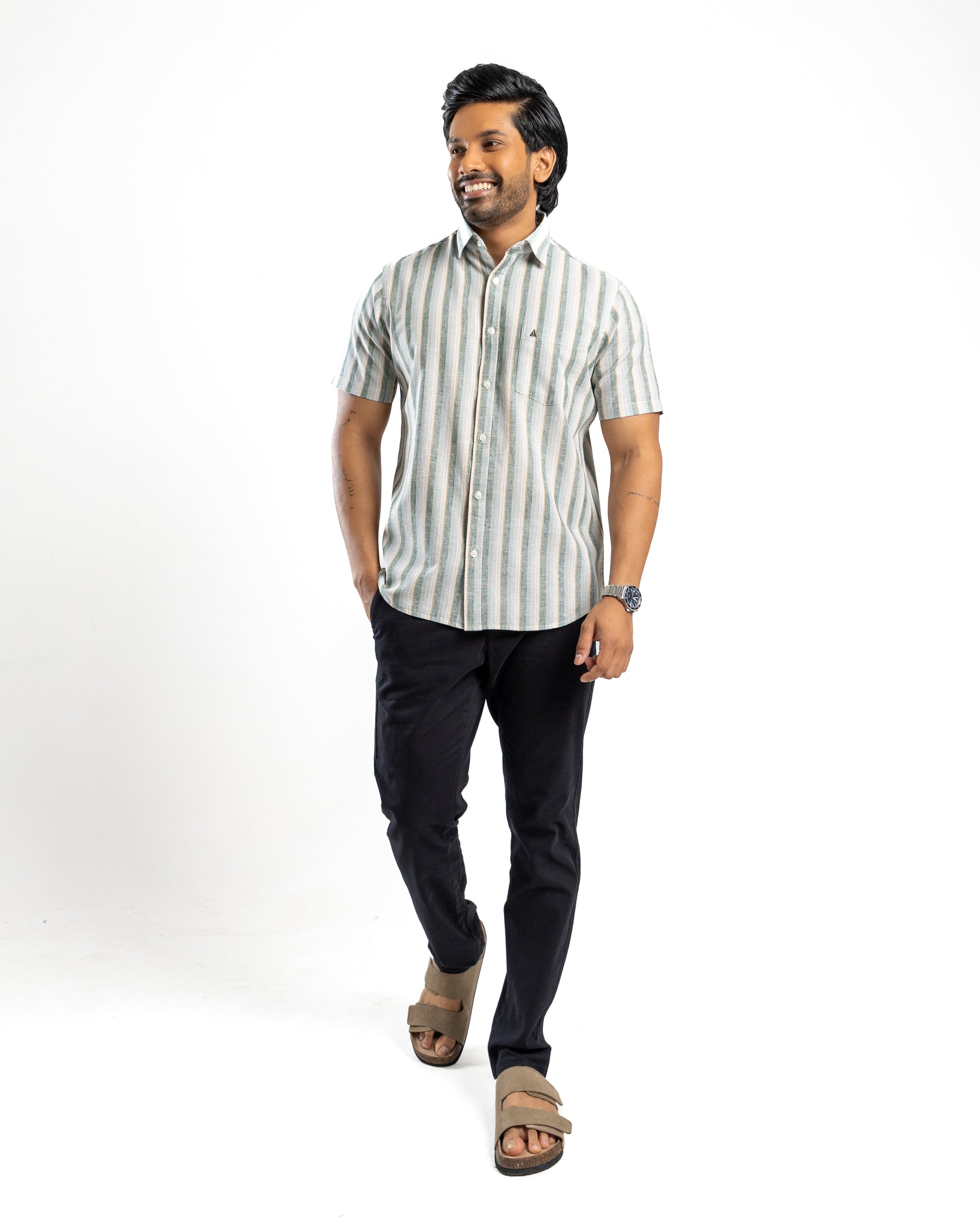 AnationZ Heritage Linen Stripe Short Sleeve Shirt - Deep Canopy Sri Lanka
