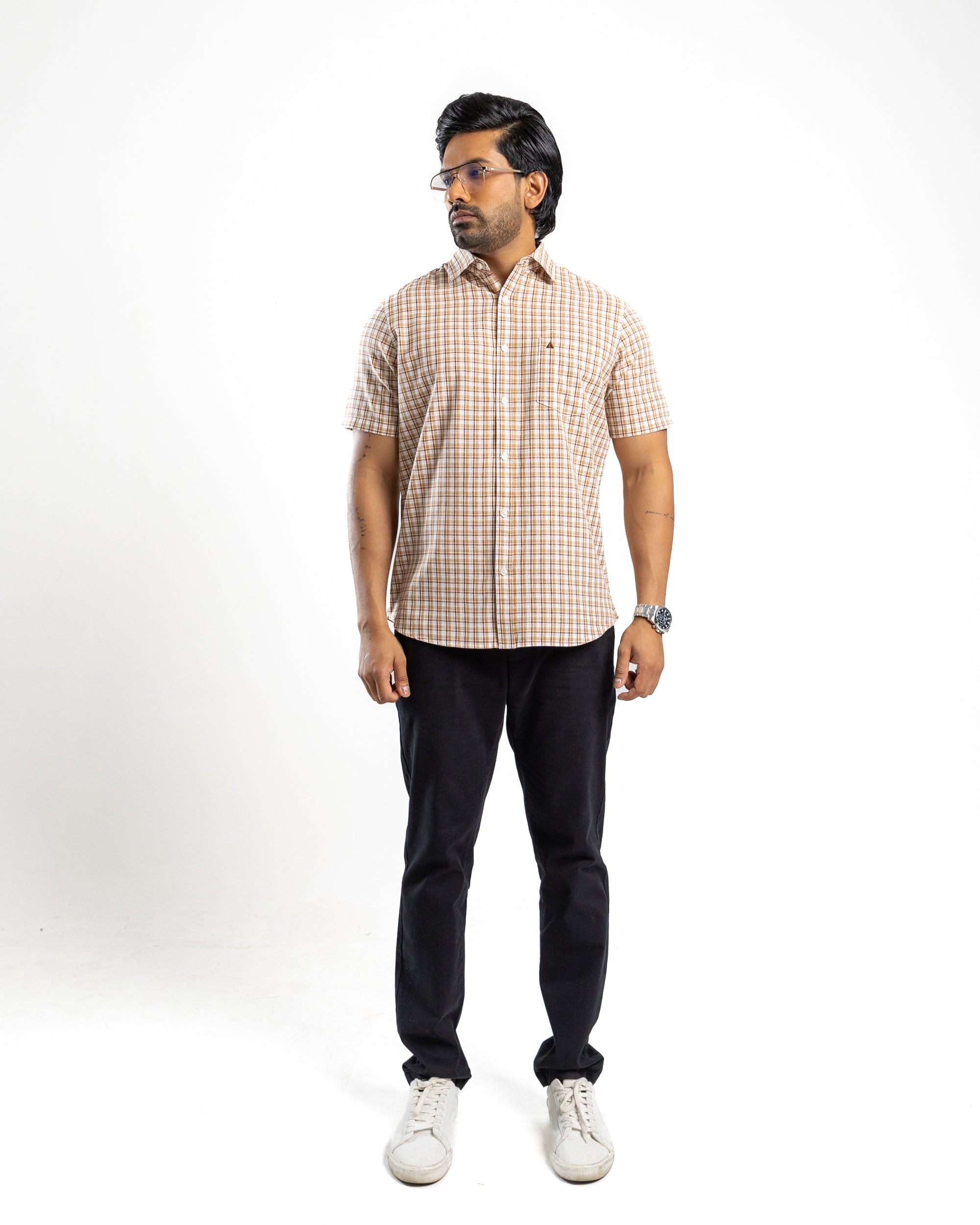 Linen Cotton Blend Check Short Sleeve Shirt | Warm Tobacco