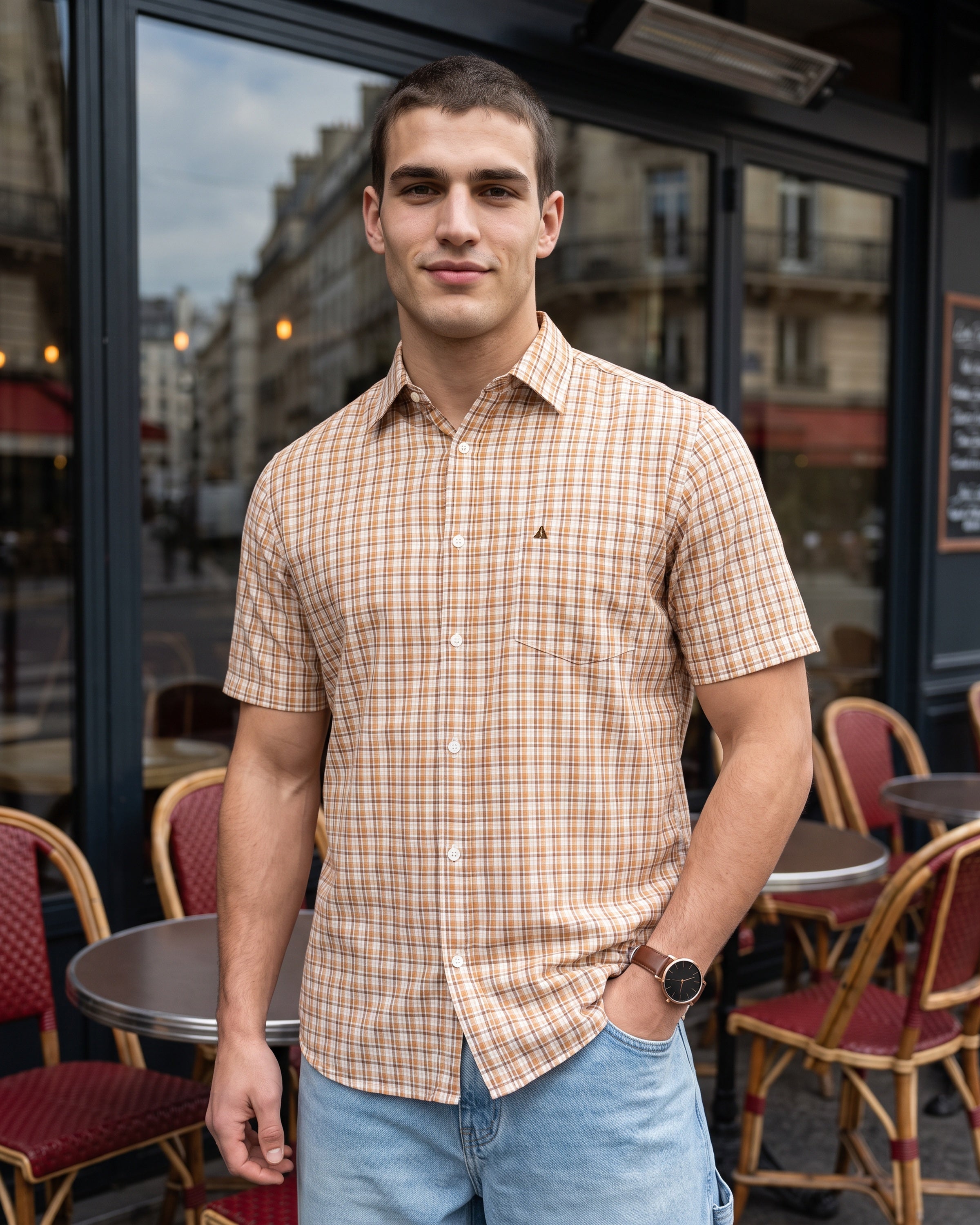 AnationZ Heritage Linen Check Short Sleeve Shirt - Warm Tobacco Sri Lanka