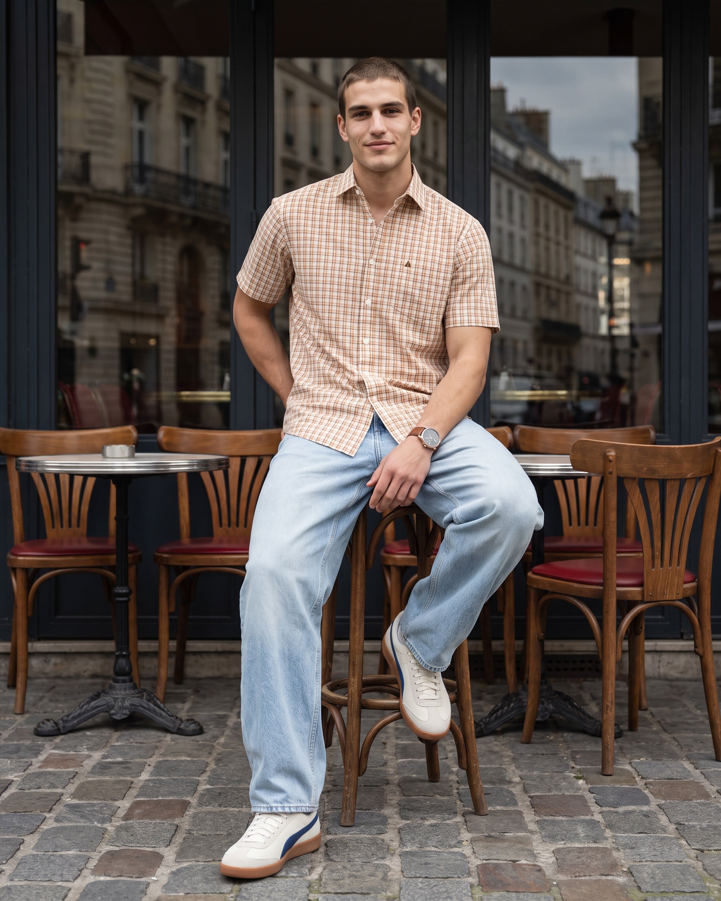 AnationZ Heritage Linen Check Short Sleeve Shirt - Warm Tobacco Sri Lanka