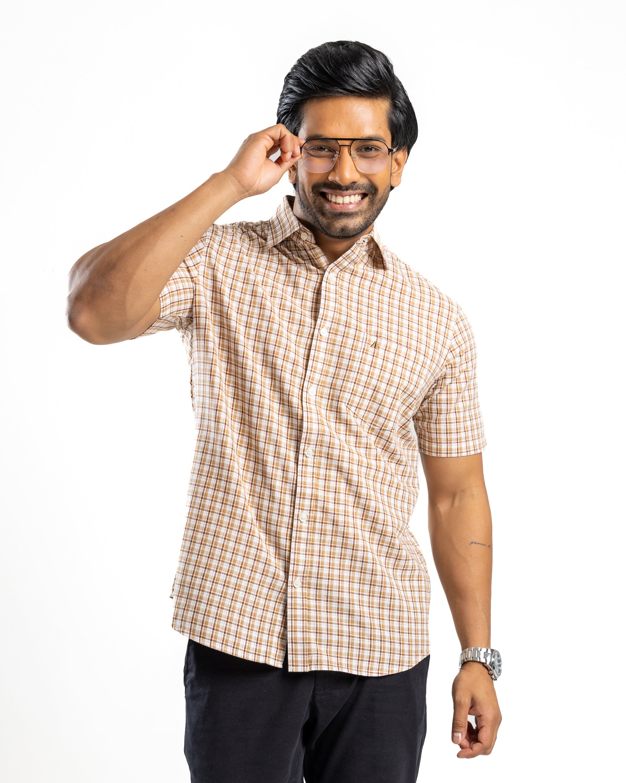 Linen Cotton Blend Check Short Sleeve Shirt | Warm Tobacco