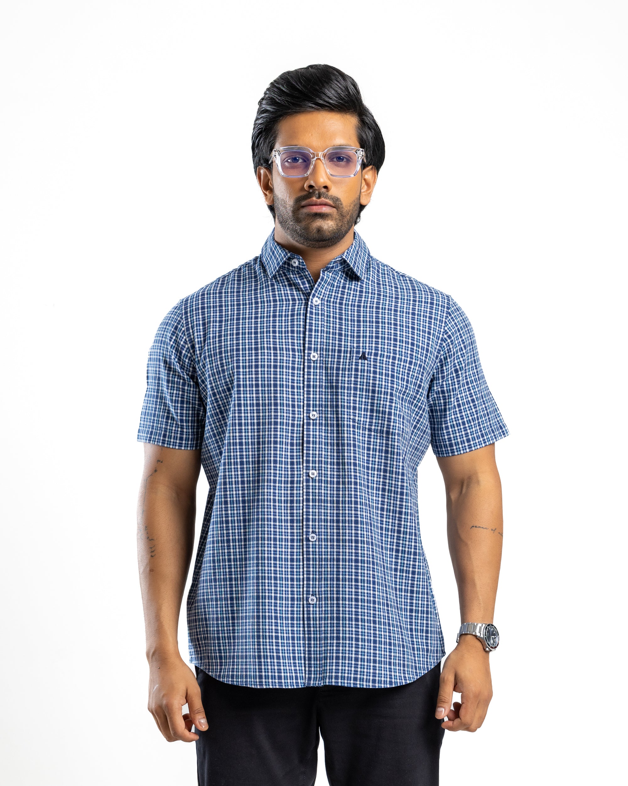 AnationZ Heritage Linen Check Short Sleeve Shirt - Midnight Ink Sri Lanka
