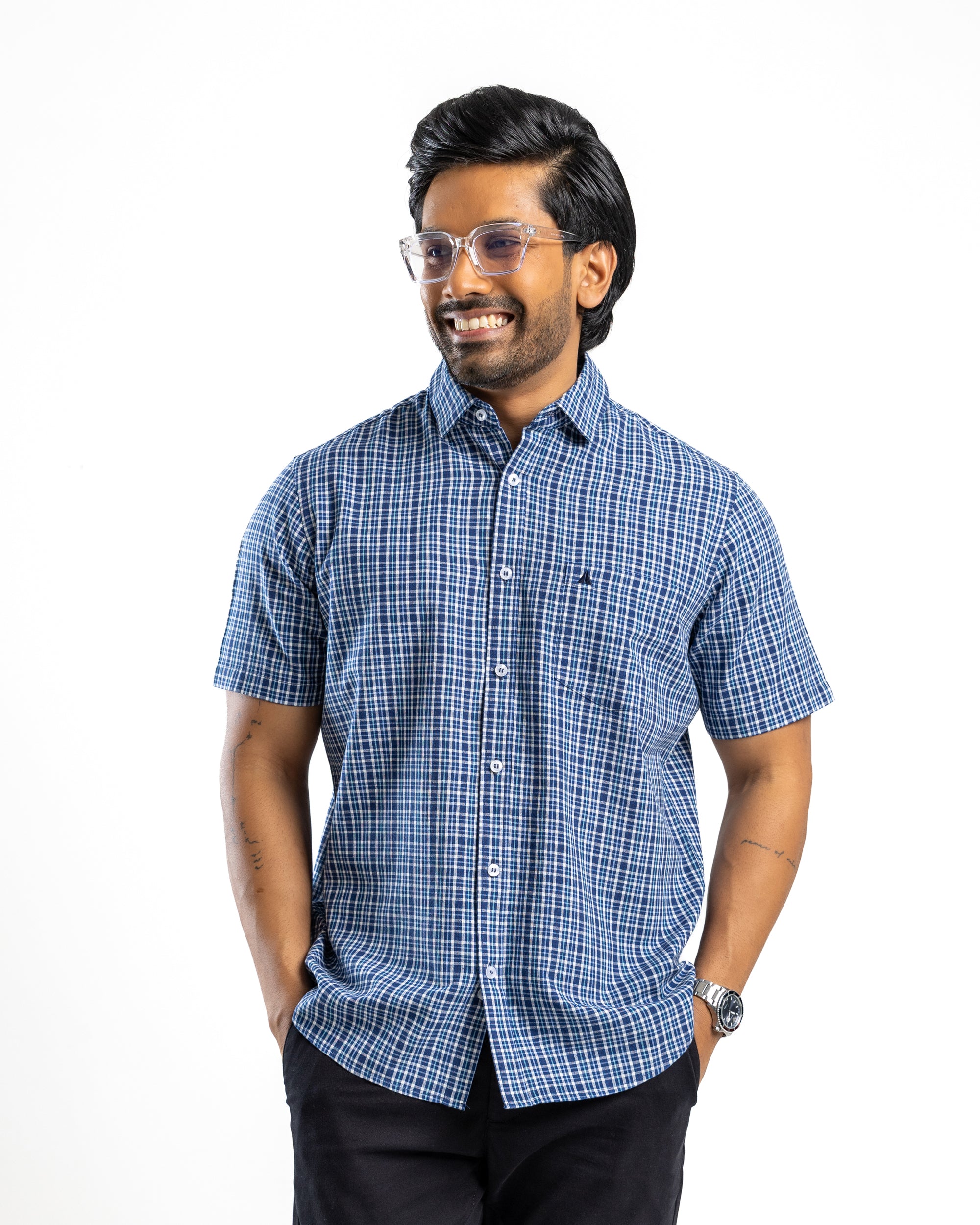 Linen Cotton Blend Check Short Sleeve Shirt | Midnight Ink