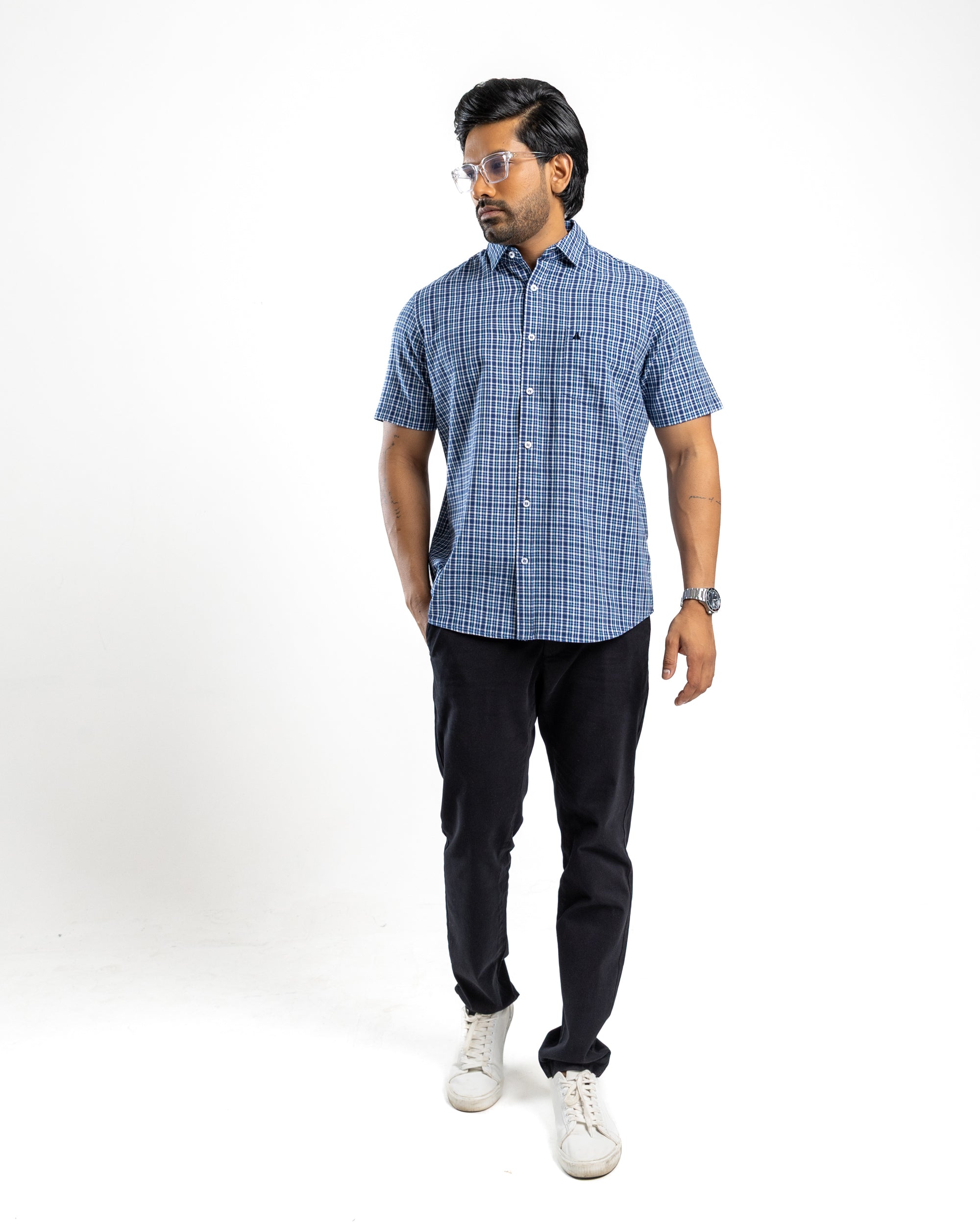 Linen Cotton Blend Check Short Sleeve Shirt | Midnight Ink