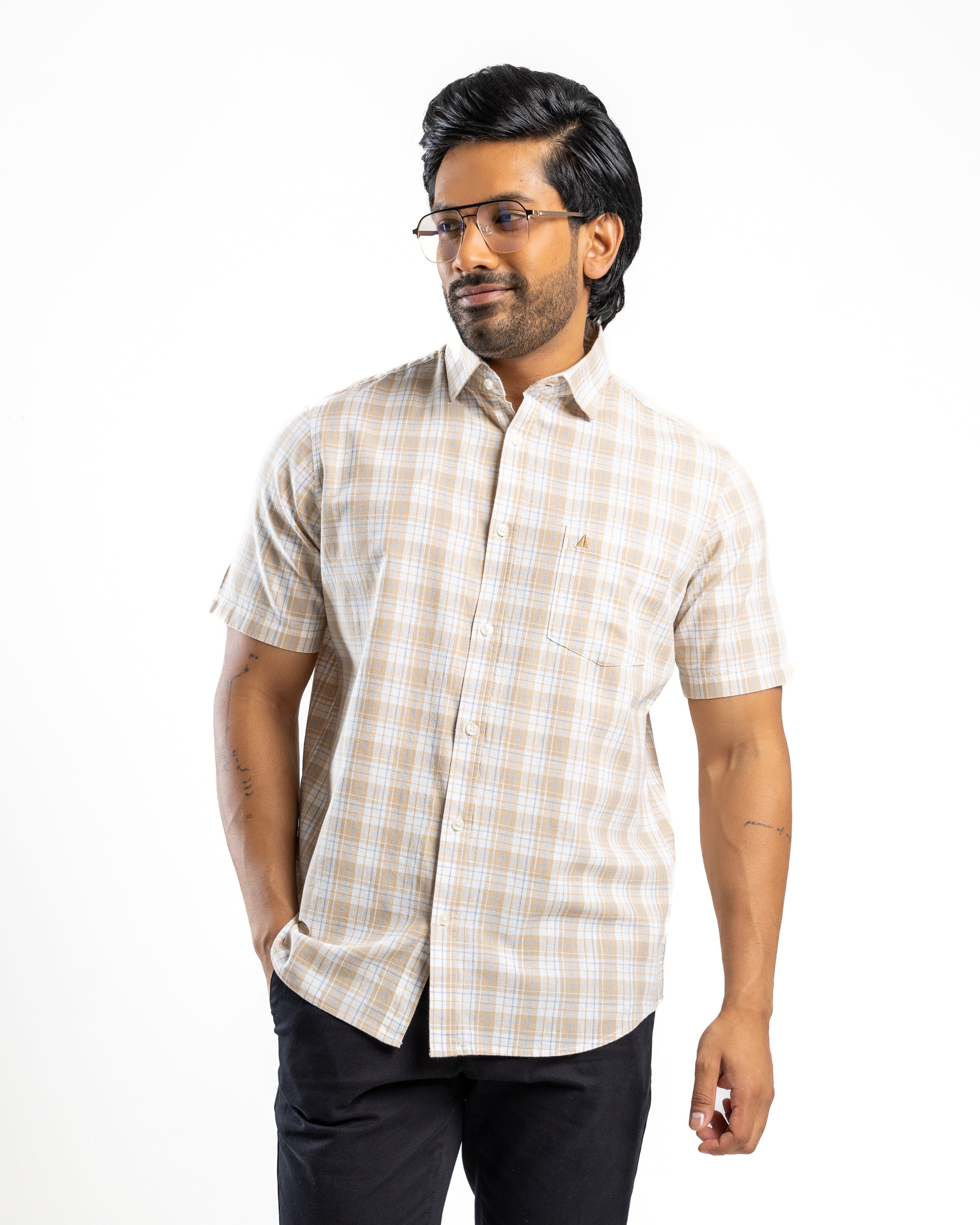 Linen Cotton Blend Check Short Sleeve Shirt | Driftwood