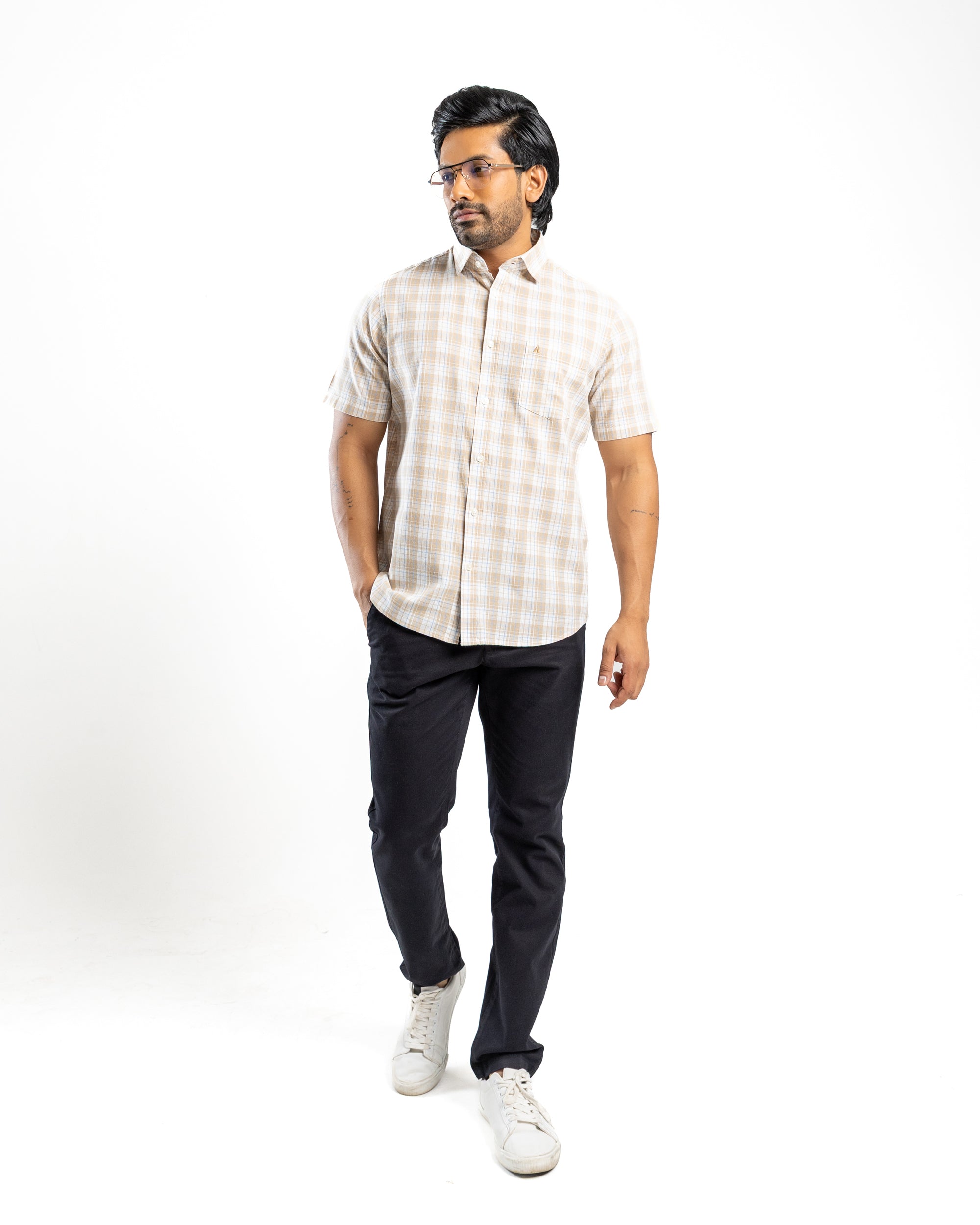 Linen Cotton Blend Check Short Sleeve Shirt | Driftwood