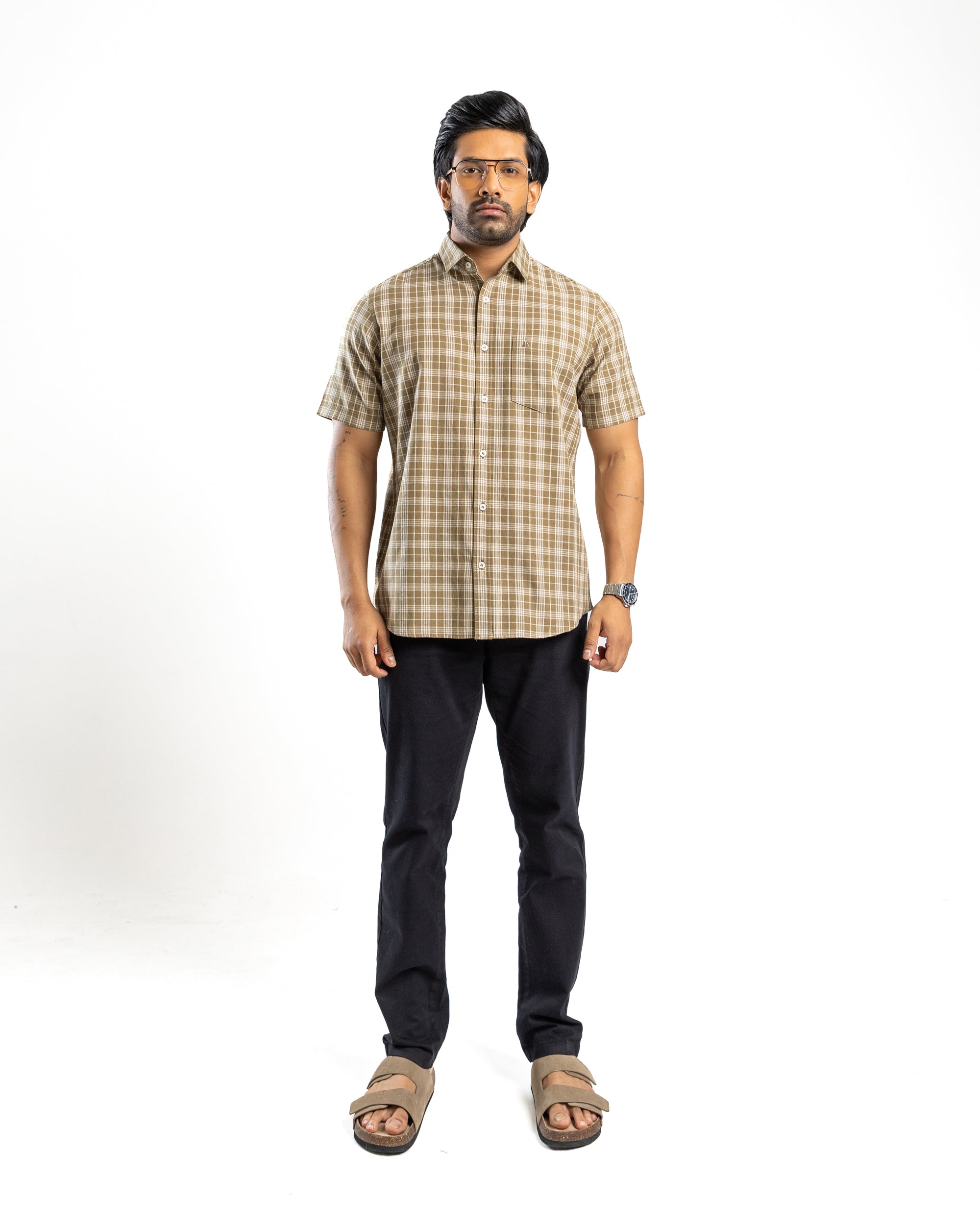Linen Cotton Blend Check Short Sleeve Shirt | Moss Reserve