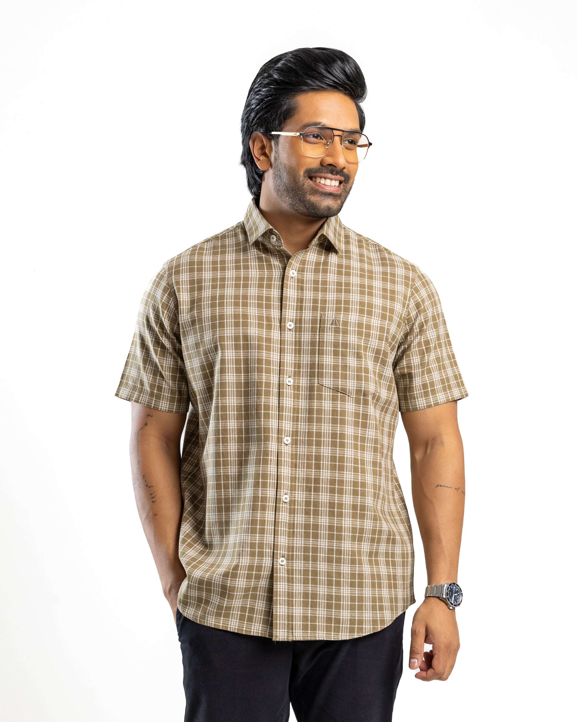 Linen Cotton Blend Check Short Sleeve Shirt | Moss Reserve