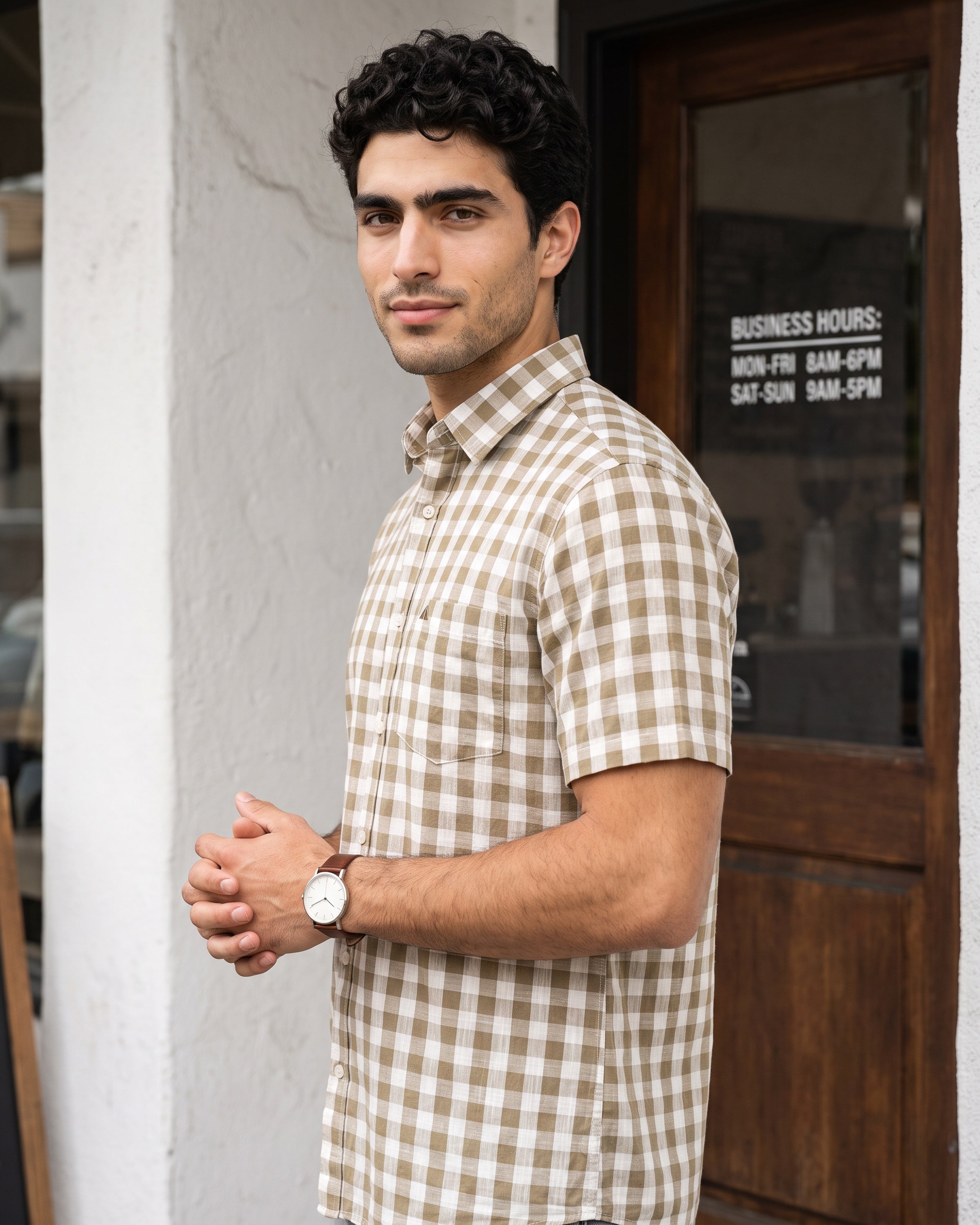 AnationZ Heritage Linen Check Short Sleeve Shirt - Aged Ivory Sri Lanka