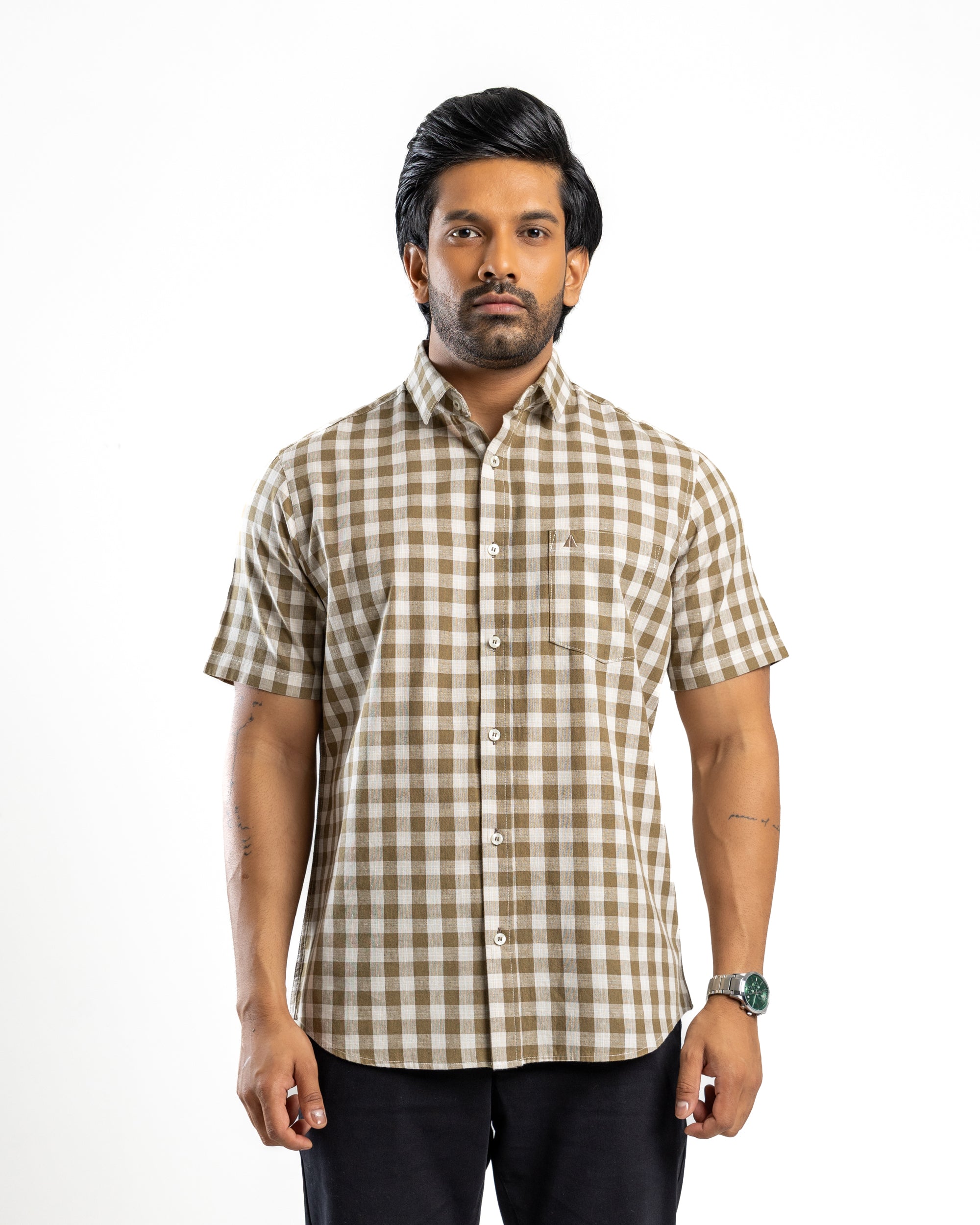 Linen Cotton Blend Check Short Sleeve Shirt | Aged Ivory