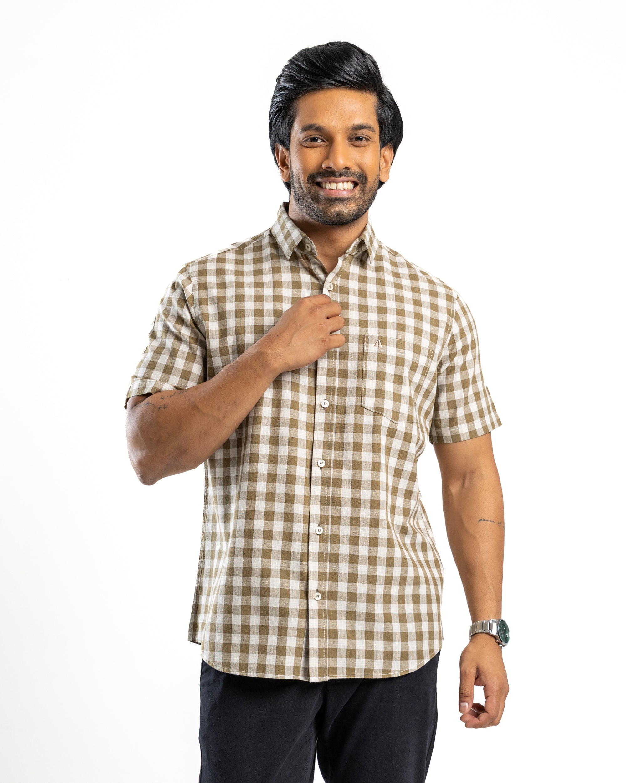 Linen Cotton Blend Check Short Sleeve Shirt | Aged Ivory