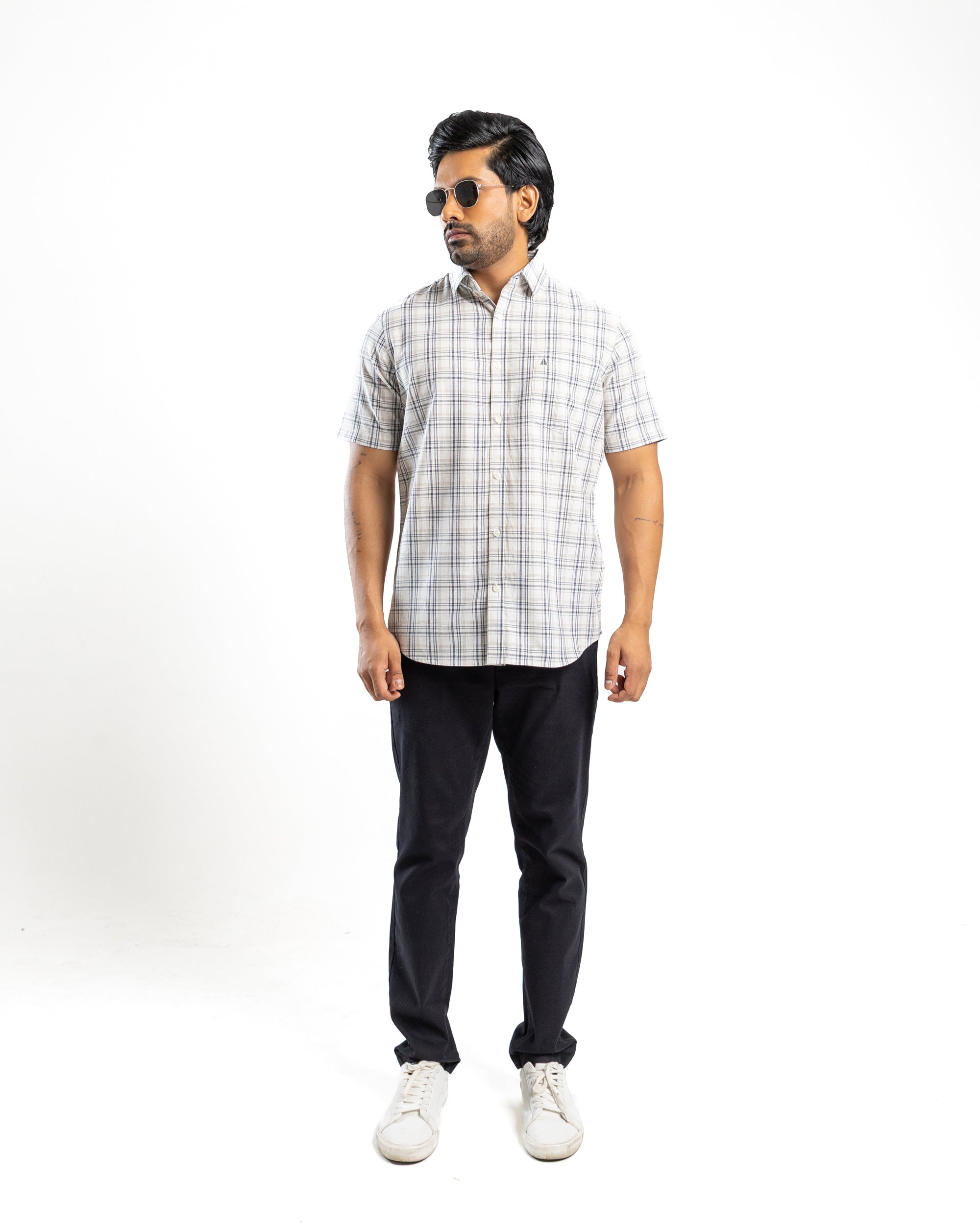Linen Cotton Blend Check Short Sleeve Shirt | Chalk Mist