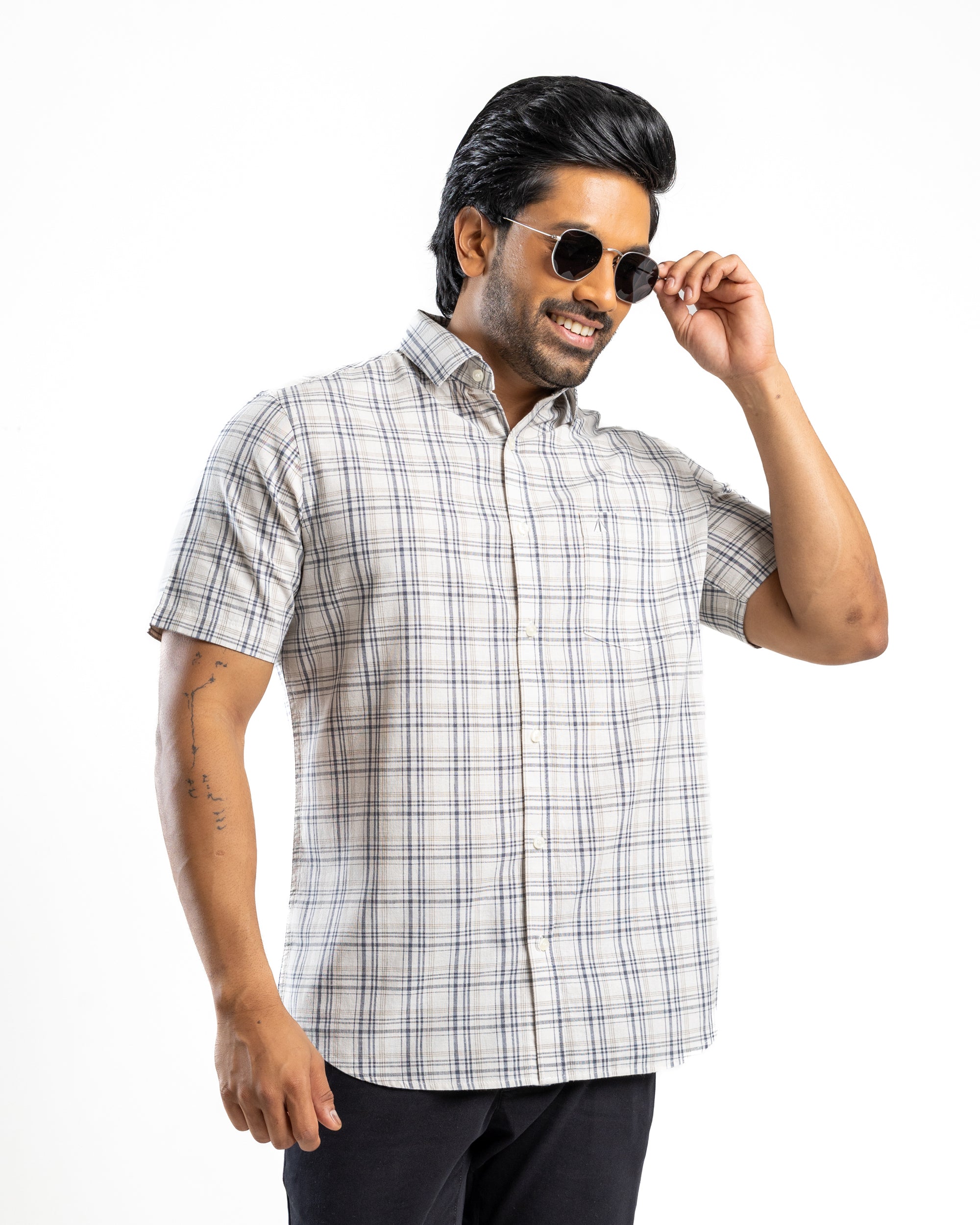 Linen Cotton Blend Check Short Sleeve Shirt | Chalk Mist