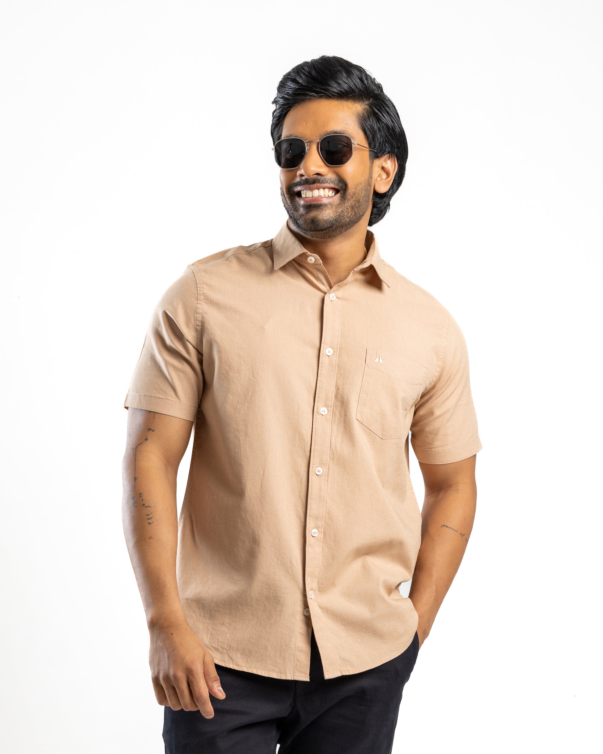 AnationZ Heritage Linen Slub Short Sleeve Shirt - Warm Tobacco Sri Lanka