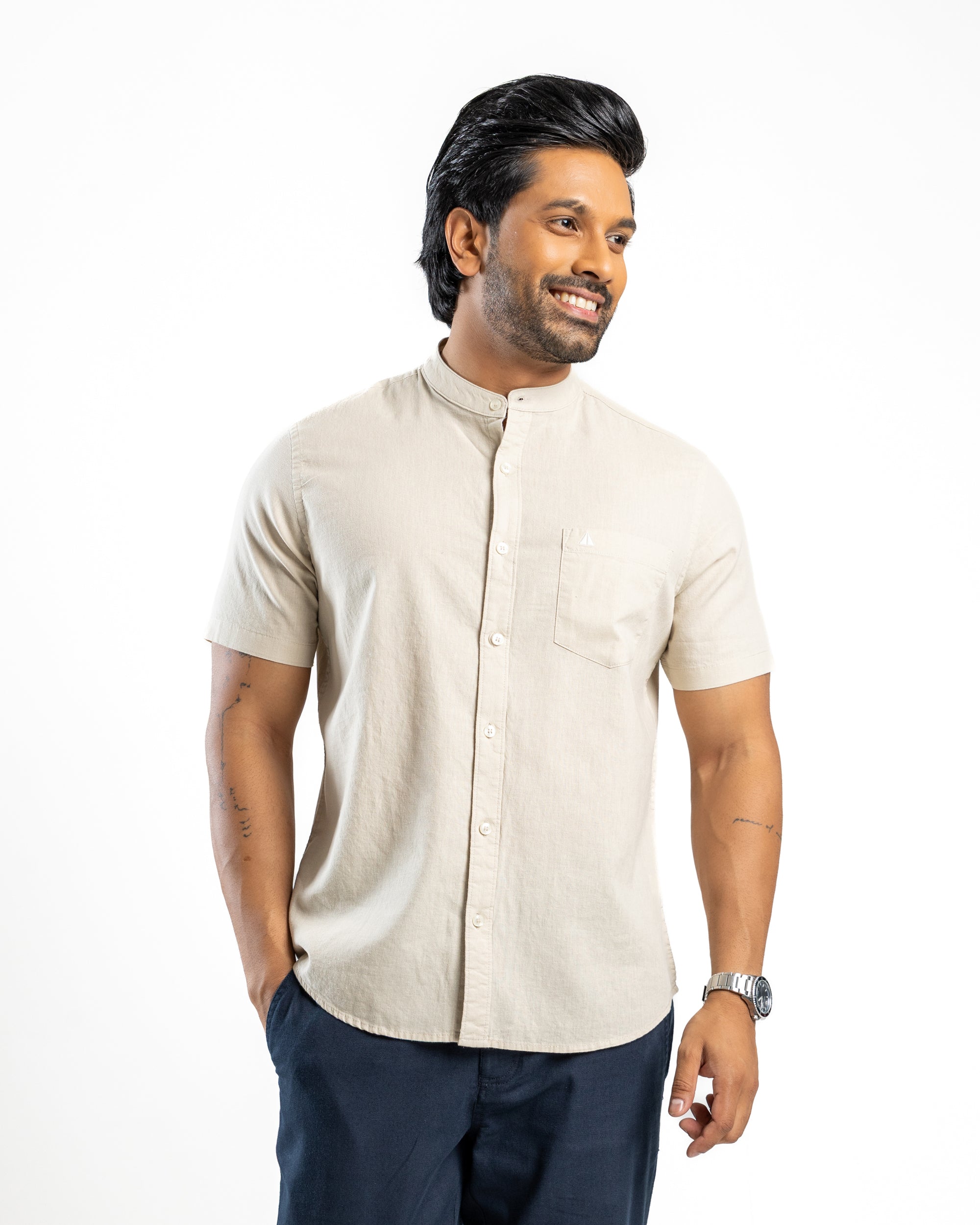 Slub Linen Blend Short Sleeve Shirt | Aged Ivory