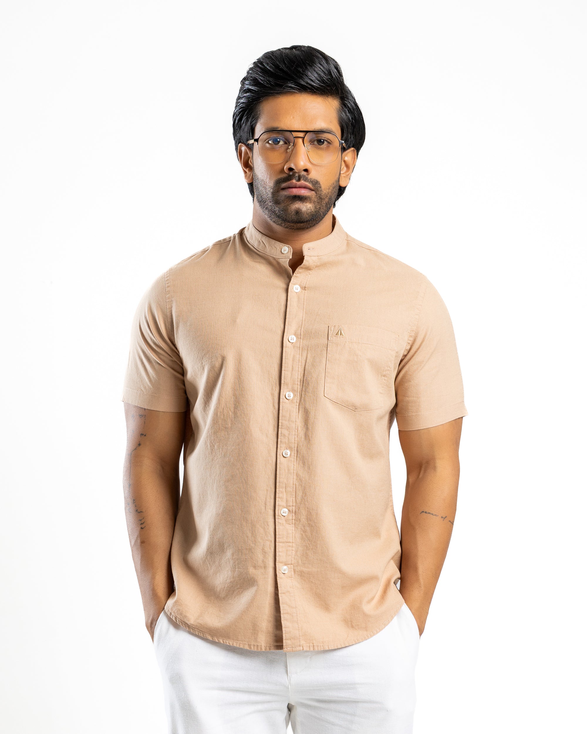Slub Linen Blend Short Sleeve Shirt | Warm Tobacco
