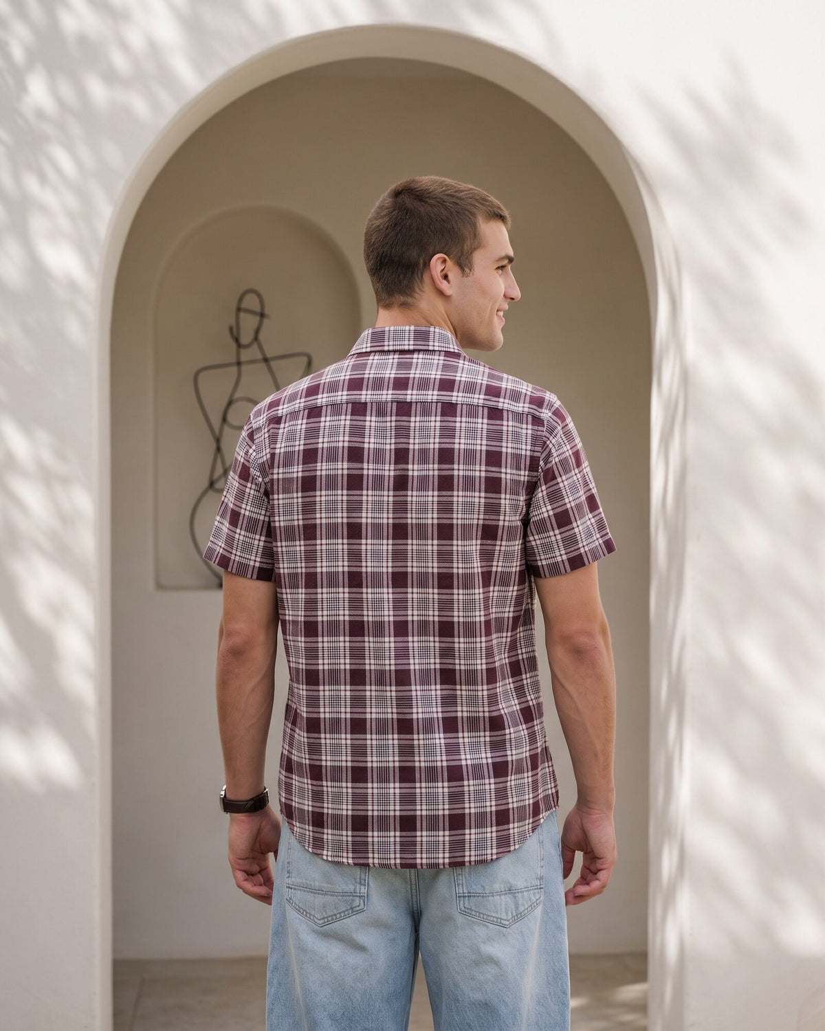 Essential Cotton Check Short Sleeve Shirt – Burgundy Reserve (2 of 4)