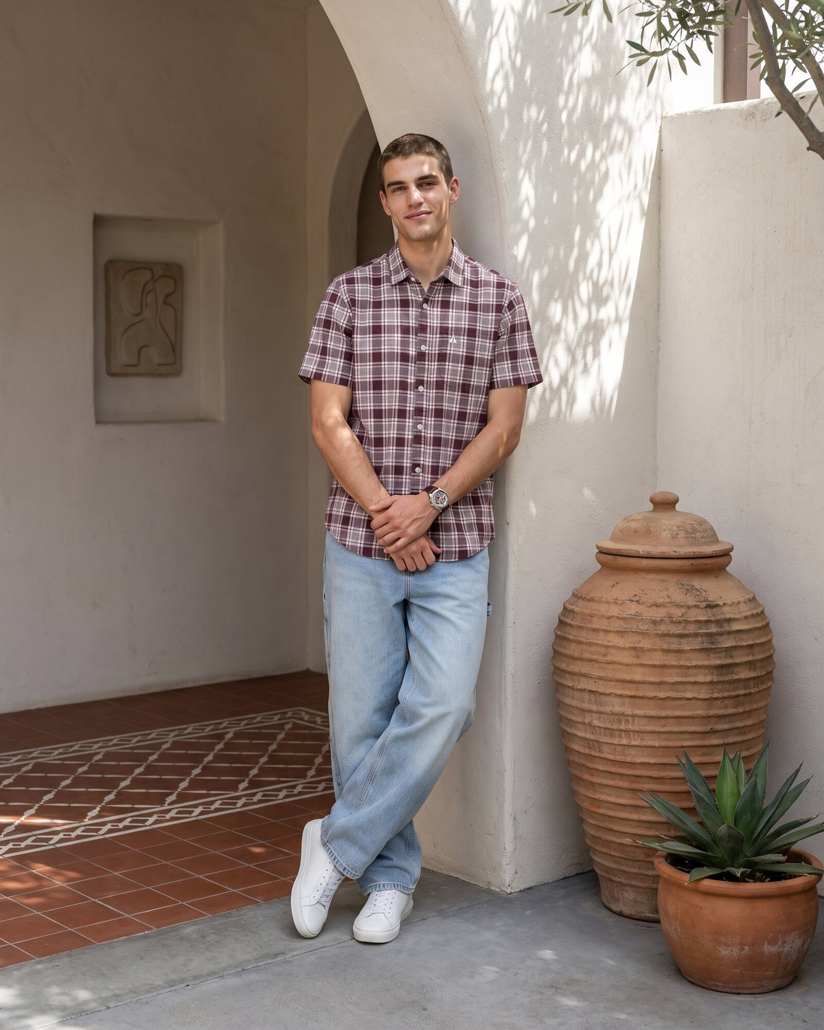 Essential Cotton Check Short Sleeve Shirt – Burgundy Reserve (3 of 4)