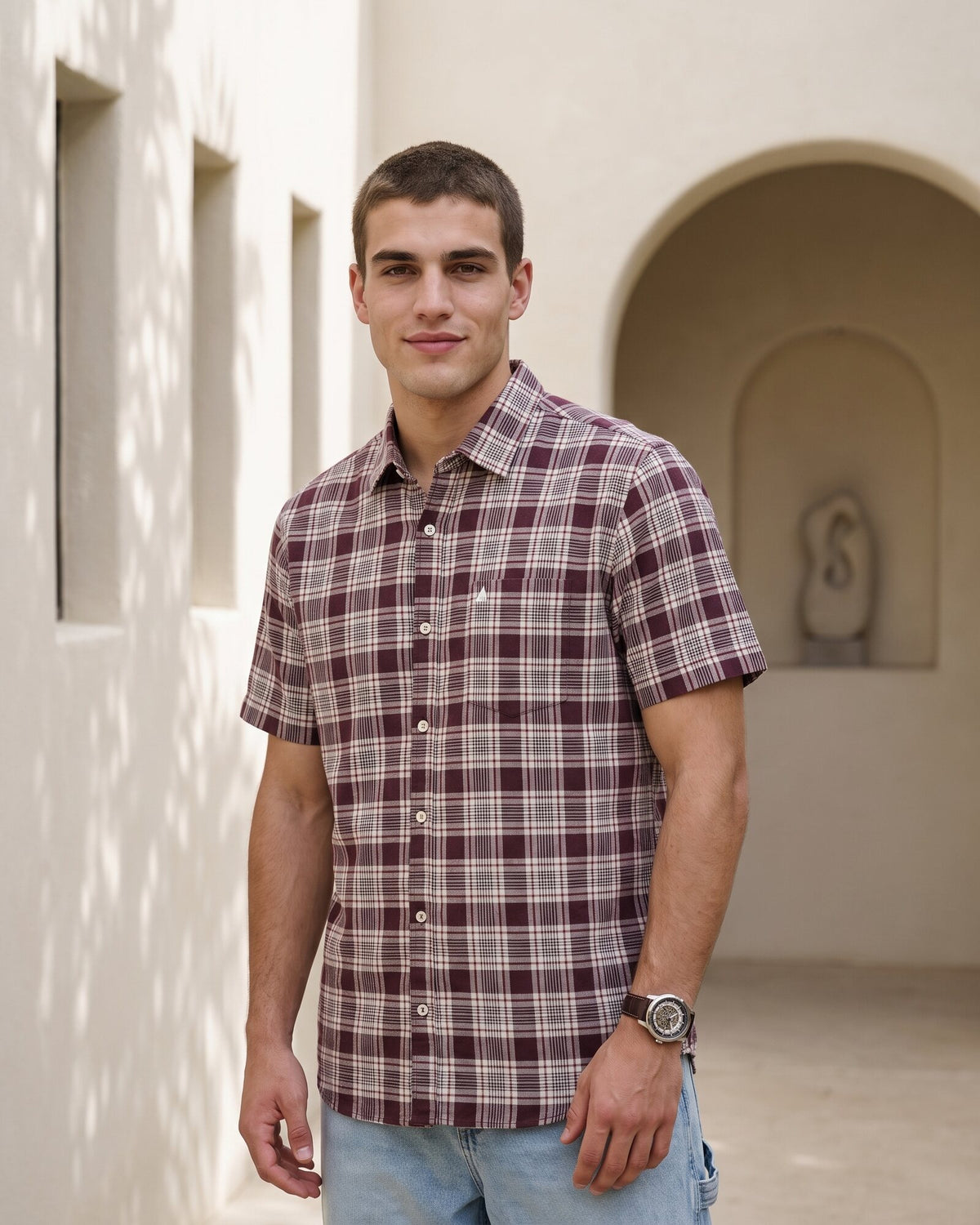 Essential Cotton Check Short Sleeve Shirt – Burgundy Reserve (4 of 4)