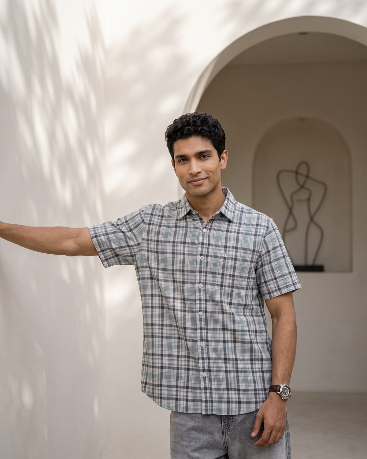 Essential Cotton Check Short Sleeve Shirt – Atlantic Blue (1 of 4)