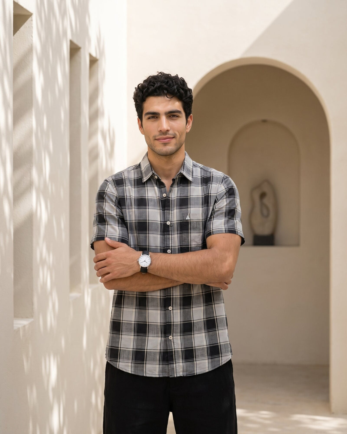 Essential Cotton Check Short Sleeve Shirt – Graphite (3 of 4)