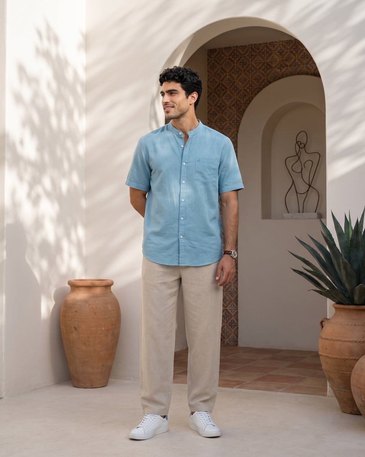 Generous Heritage Linen Chinese Collar Short Sleeve Shirt - Harbour Blue