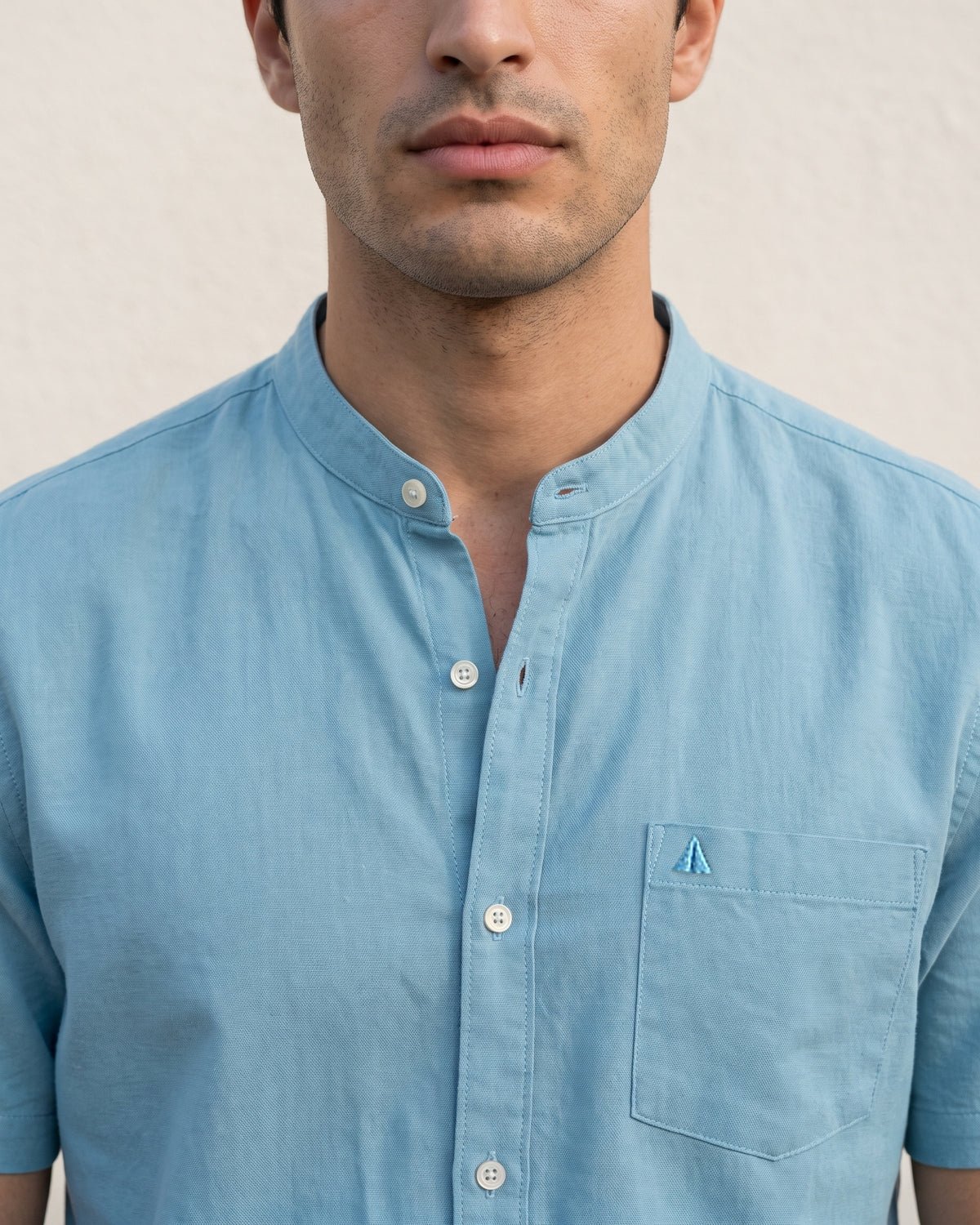 Generous Heritage Linen Chinese Collar Short Sleeve Shirt - Harbour Blue