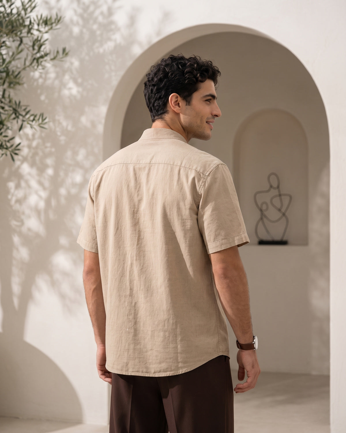 Generous Heritage Linen Chinese Collar Short Sleeve Shirt - Sand