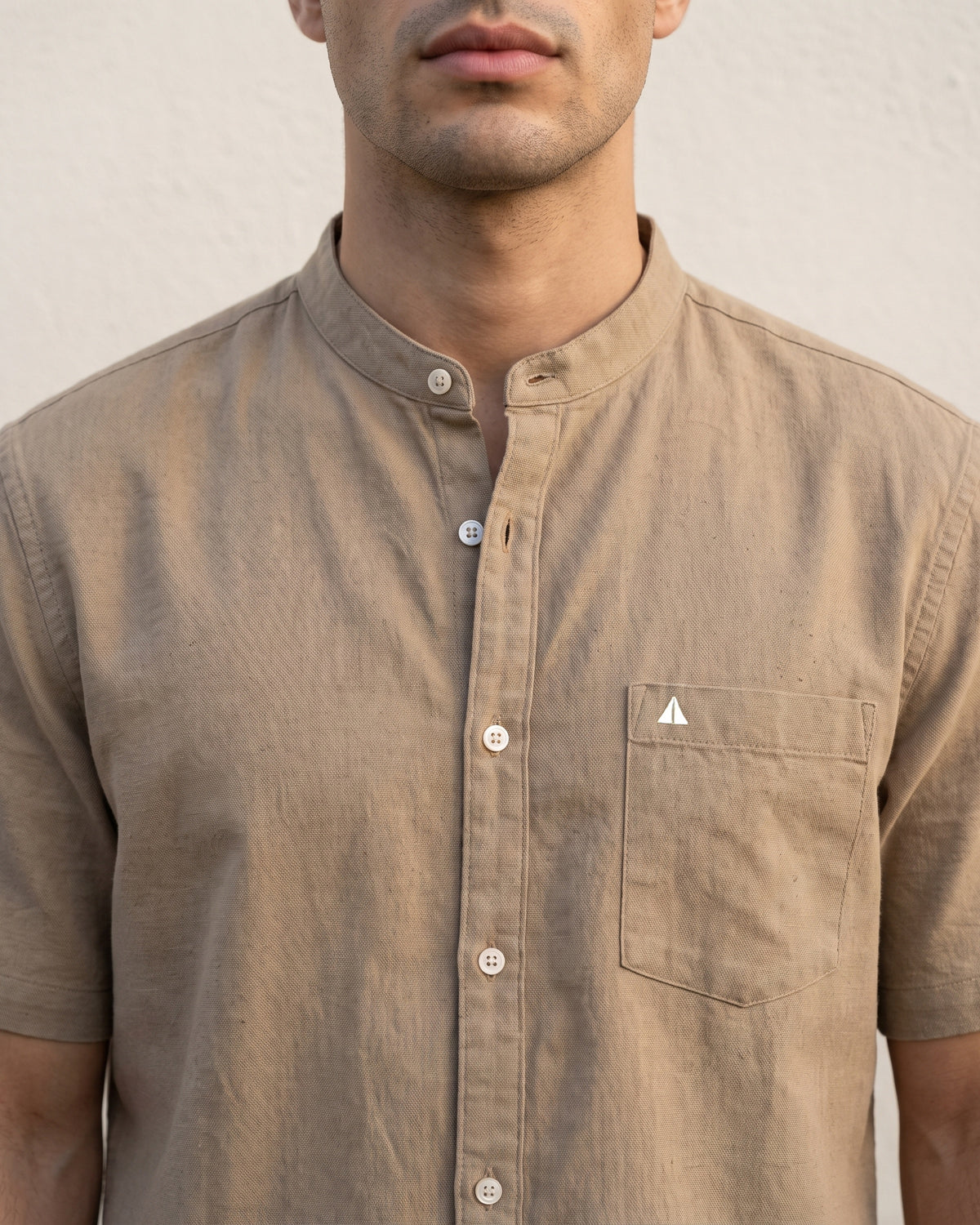 Generous Heritage Linen Chinese Collar Short Sleeve Shirt - Sand