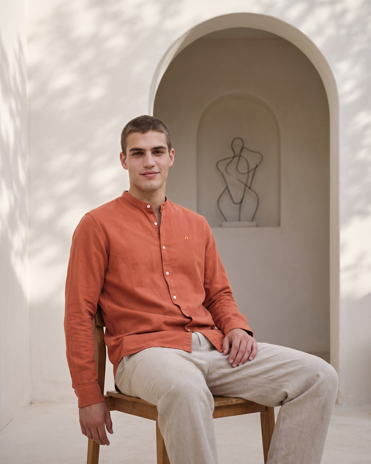 Generous Heritage Linen Chinese Collar Long Sleeve Shirt - Teak