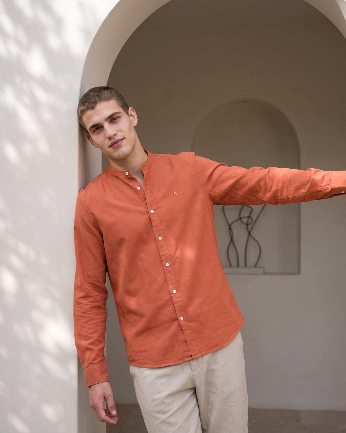 Generous Heritage Linen Chinese Collar Long Sleeve Shirt - Teak