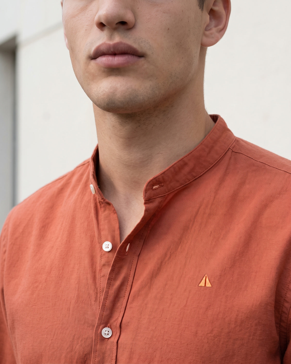 Generous Heritage Linen Chinese Collar Long Sleeve Shirt - Teak