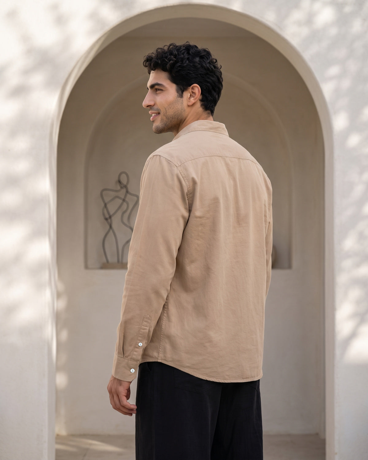 Generous Heritage Linen Chinese Collar Long Sleeve Shirt - Warm Amber