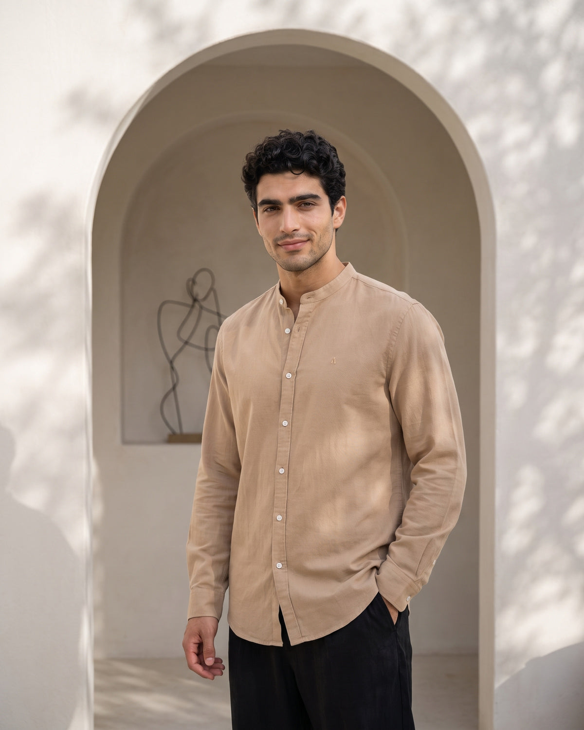 Generous Heritage Linen Chinese Collar Long Sleeve Shirt - Warm Amber
