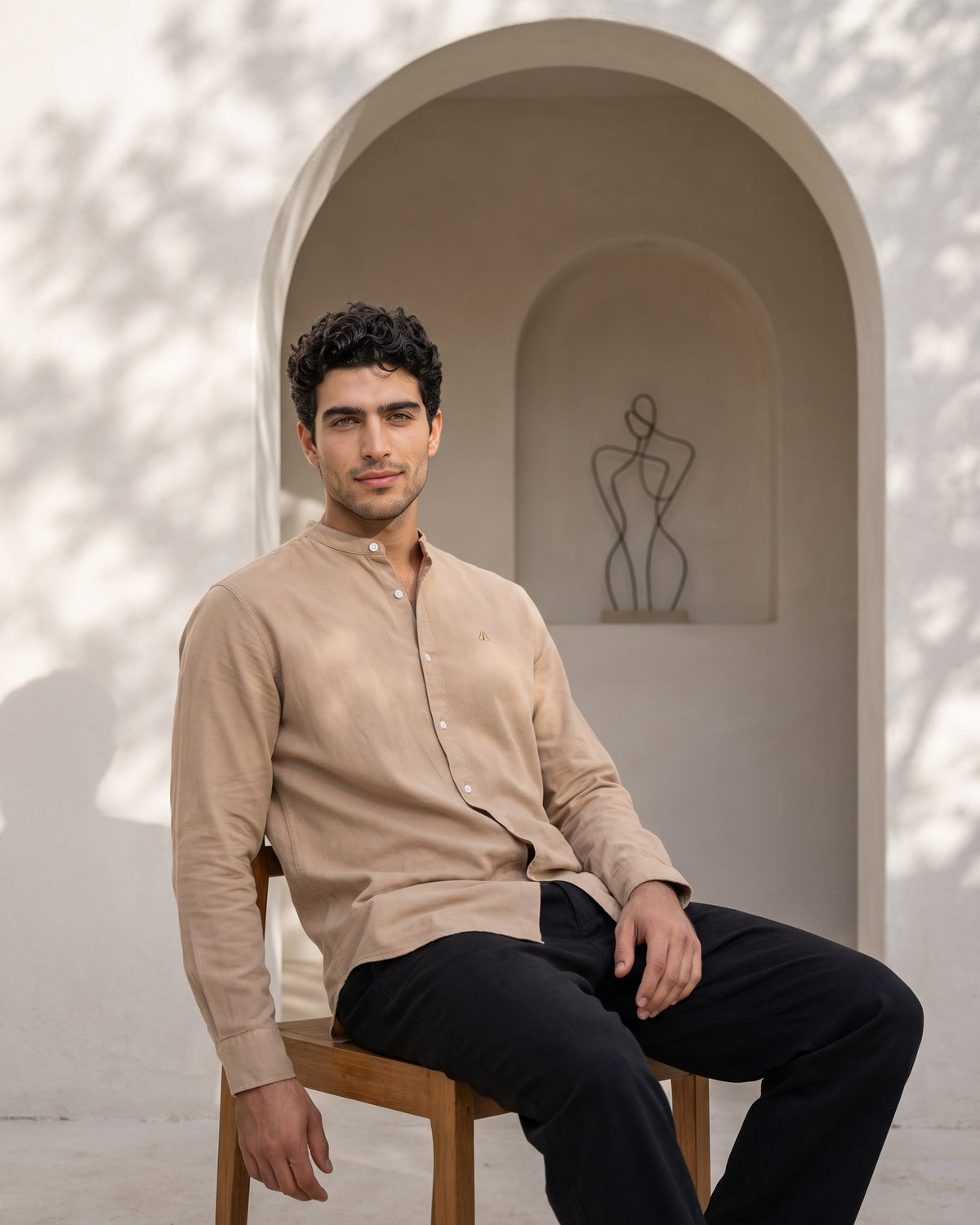 Generous Heritage Linen Chinese Collar Long Sleeve Shirt - Warm Amber