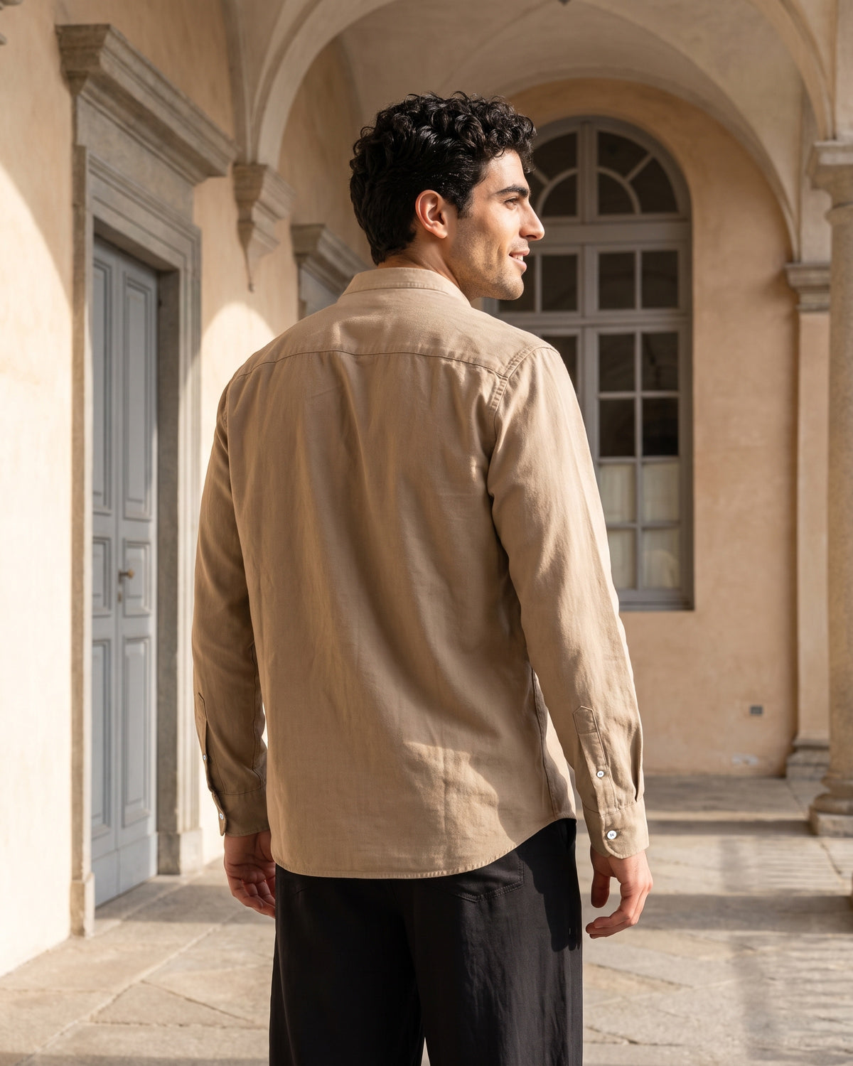 Generous Heritage Linen Chinese Collar Long Sleeve Shirt - Sand