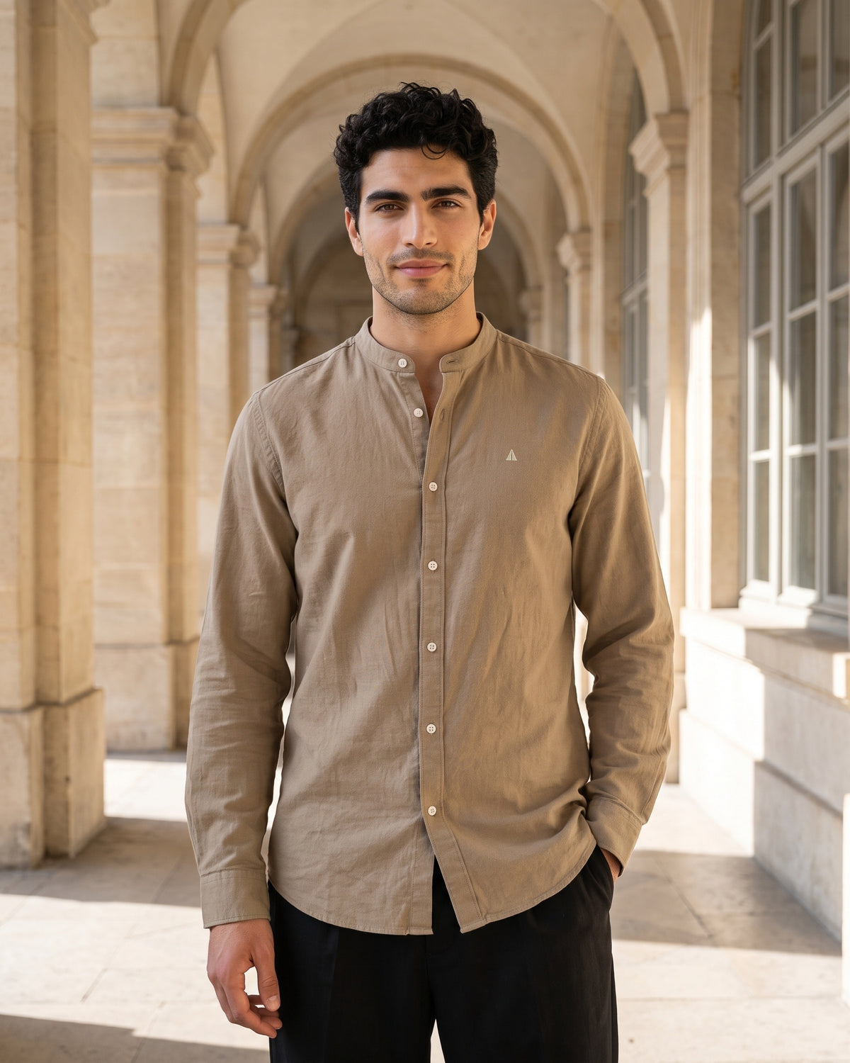 Generous Heritage Linen Chinese Collar Long Sleeve Shirt - Sand