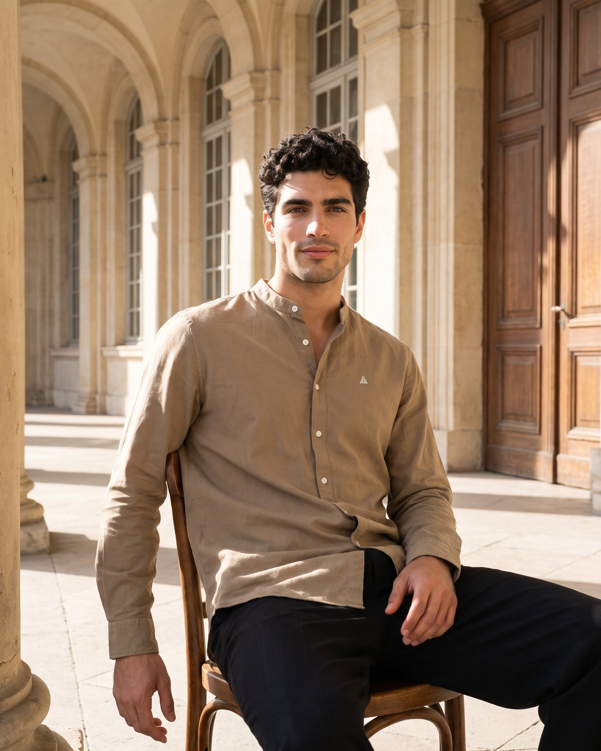 Generous Heritage Linen Chinese Collar Long Sleeve Shirt - Sand