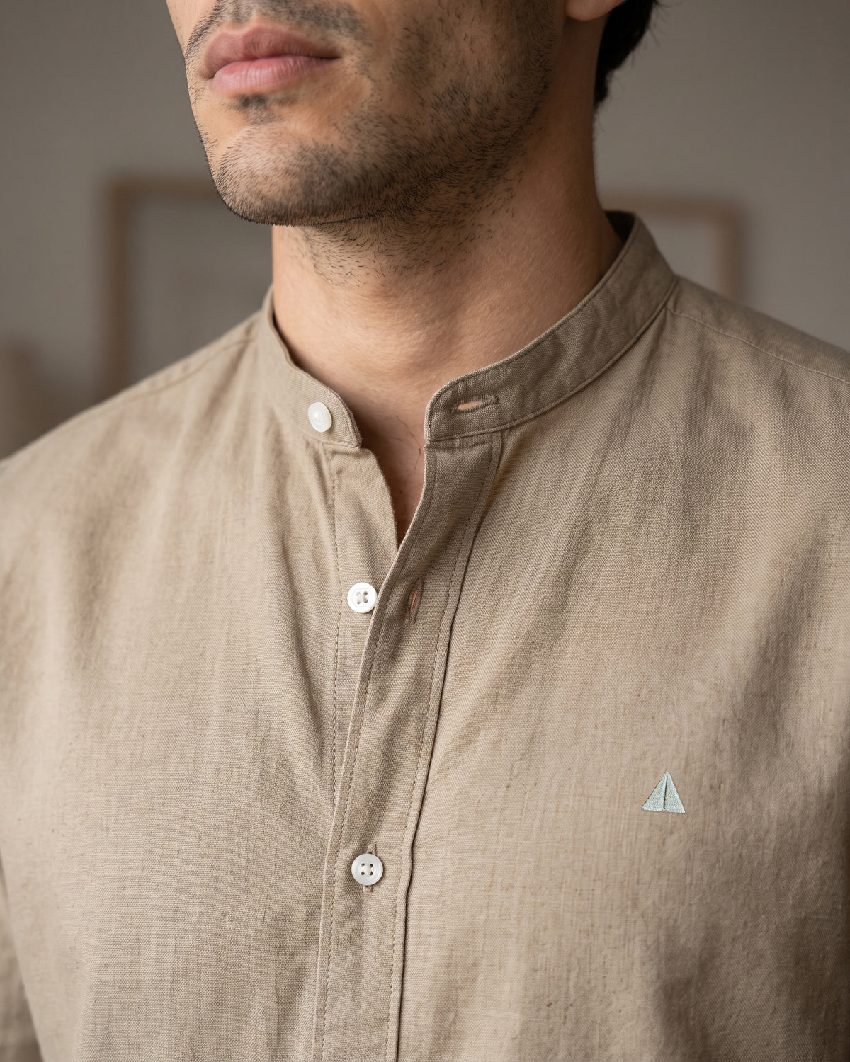Generous Heritage Linen Chinese Collar Long Sleeve Shirt - Sand