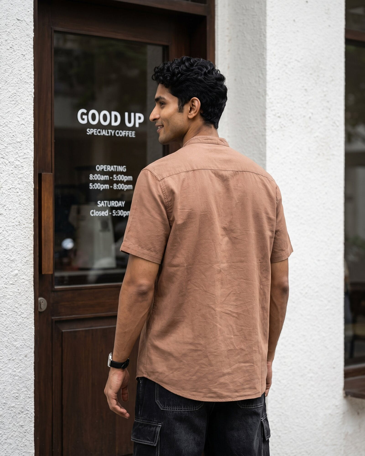 Heritage Linen Chinese Collar Short Sleeve Shirt – Warm Tobacco (3 of 4)