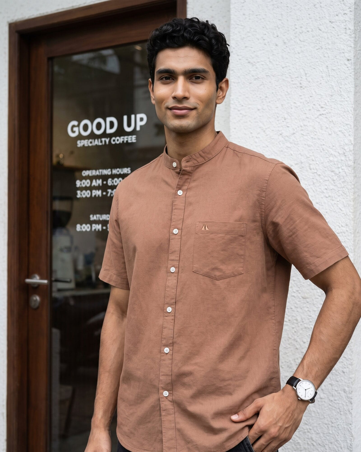 Heritage Linen Chinese Collar Short Sleeve Shirt – Warm Tobacco (4 of 4)