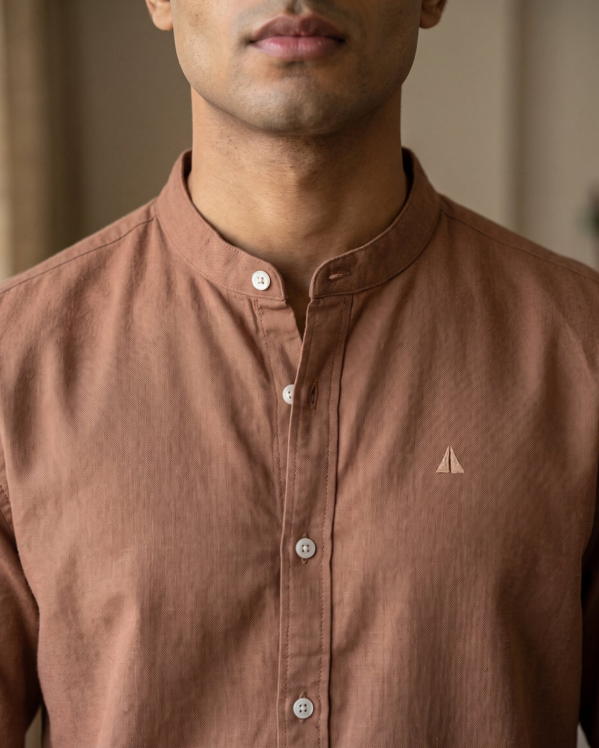 Heritage Linen Chinese Collar Long Sleeve Shirt – Warm Tobacco (1 of 5)