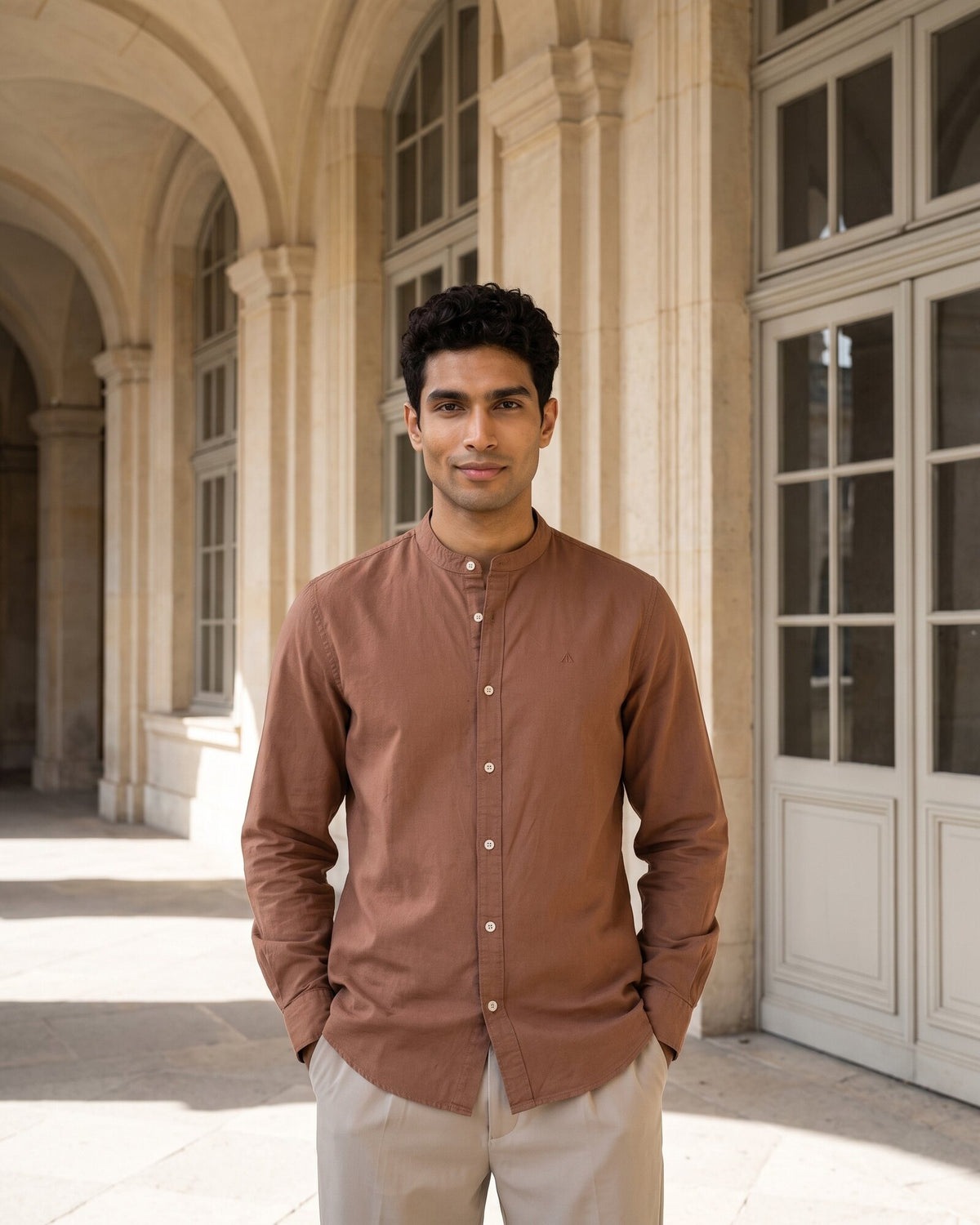 Heritage Linen Chinese Collar Long Sleeve Shirt – Warm Tobacco (3 of 5)