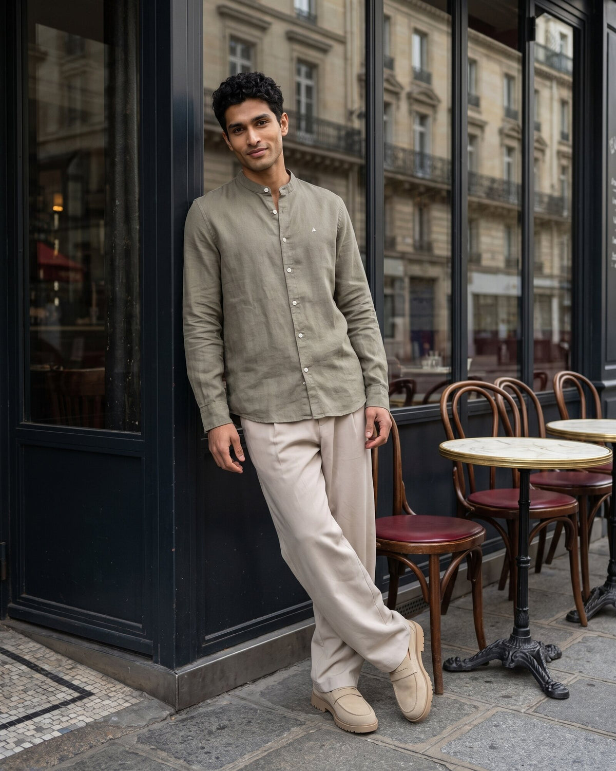 Heritage Linen Chinese Collar Long Sleeve Shirt – Moss Reserve (1 of 4)