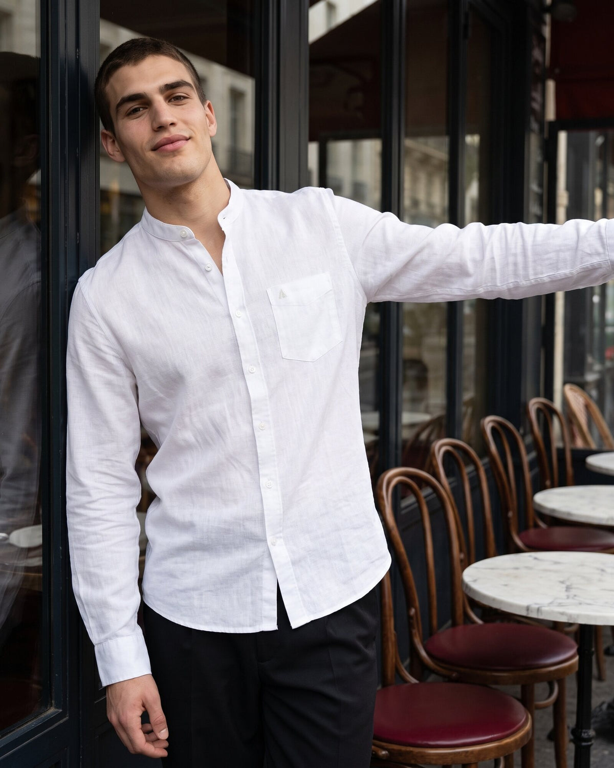 Heritage Linen Chinese Collar Long Sleeve Shirt – Alpine White (1 of 4)