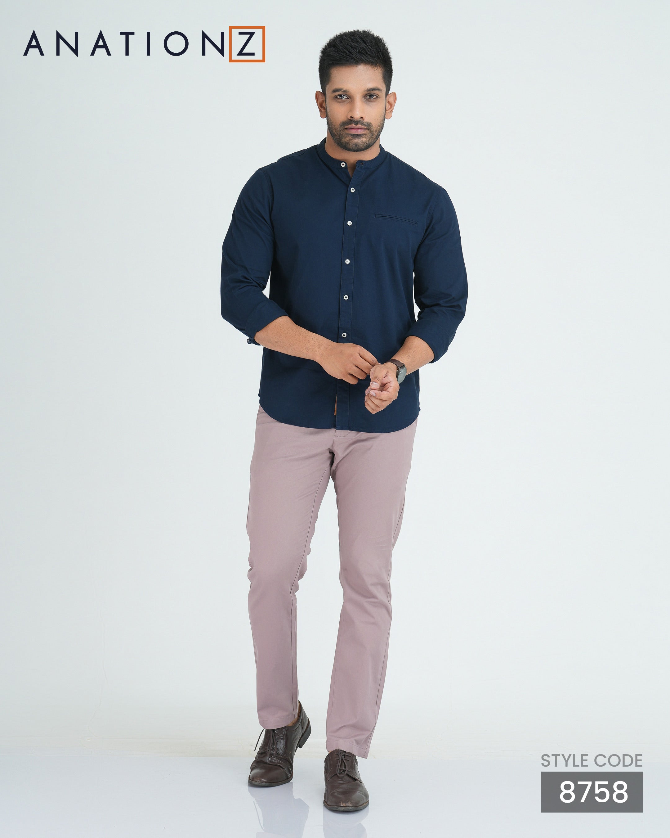 Tailored Peach Twill Long Sleeve Shirt Chinese Collar - Midnight Blue