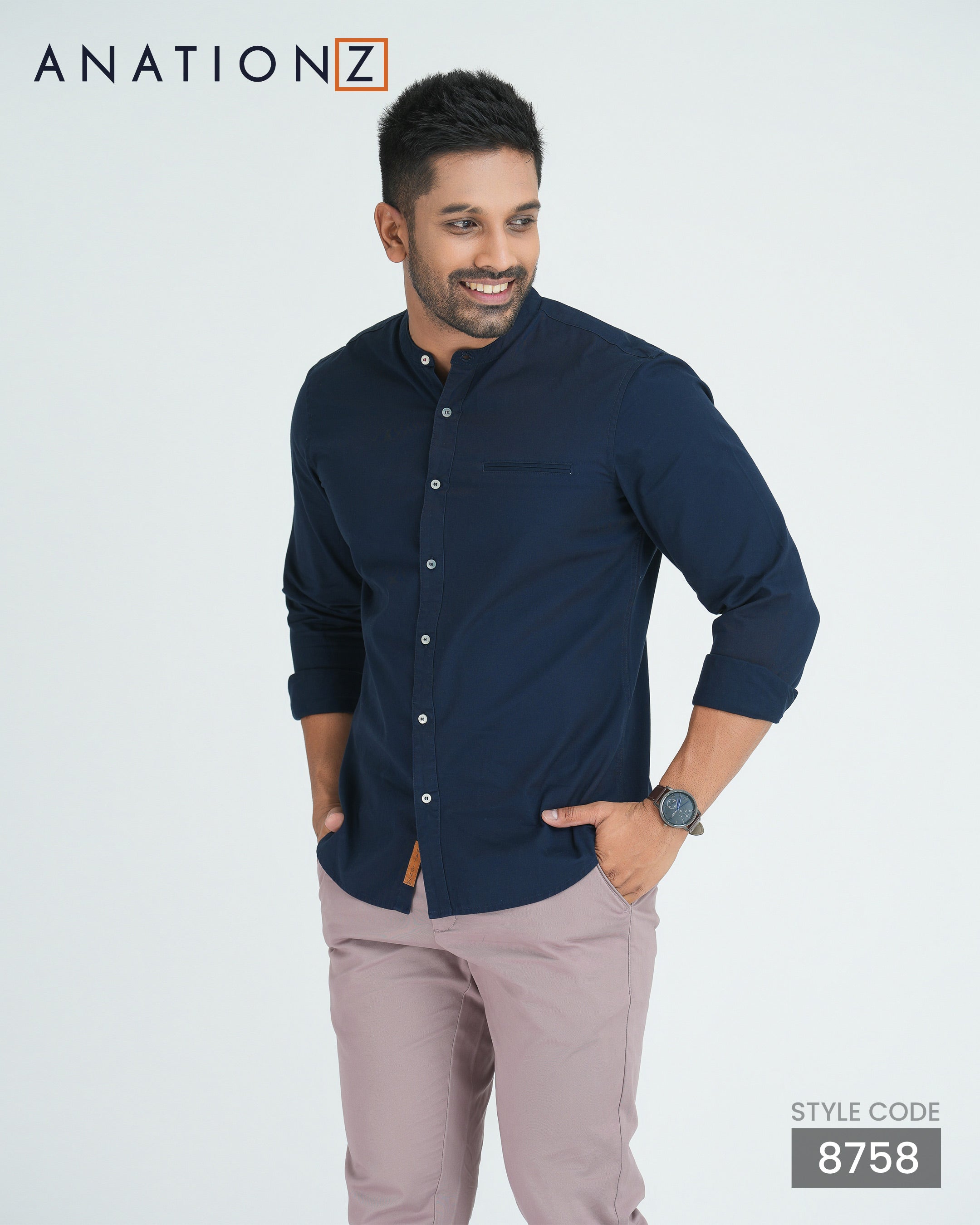 Tailored Peach Twill Long Sleeve Shirt Chinese Collar - Midnight Blue