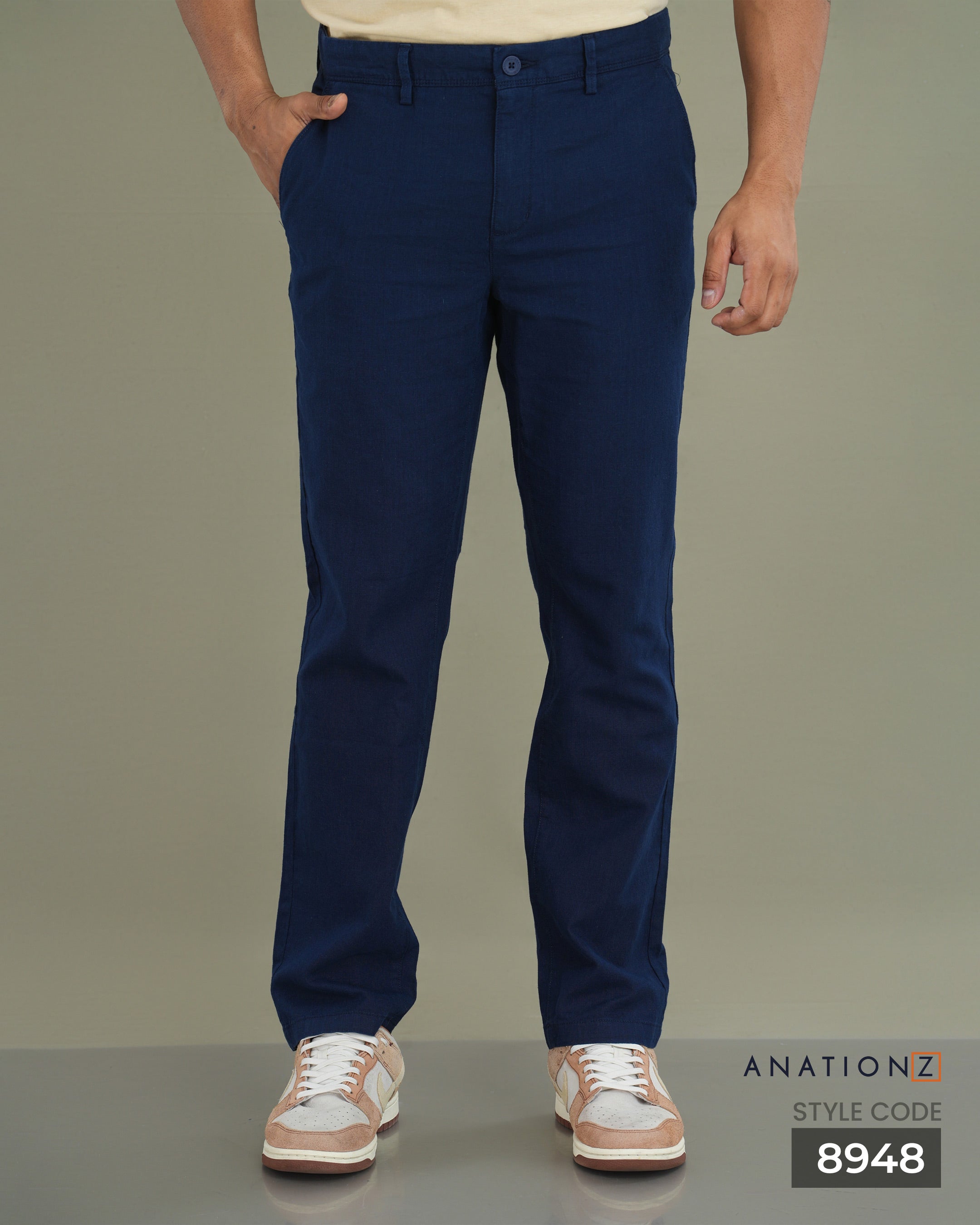 Linen Cotton Straight Slim Fit Pant - Navy