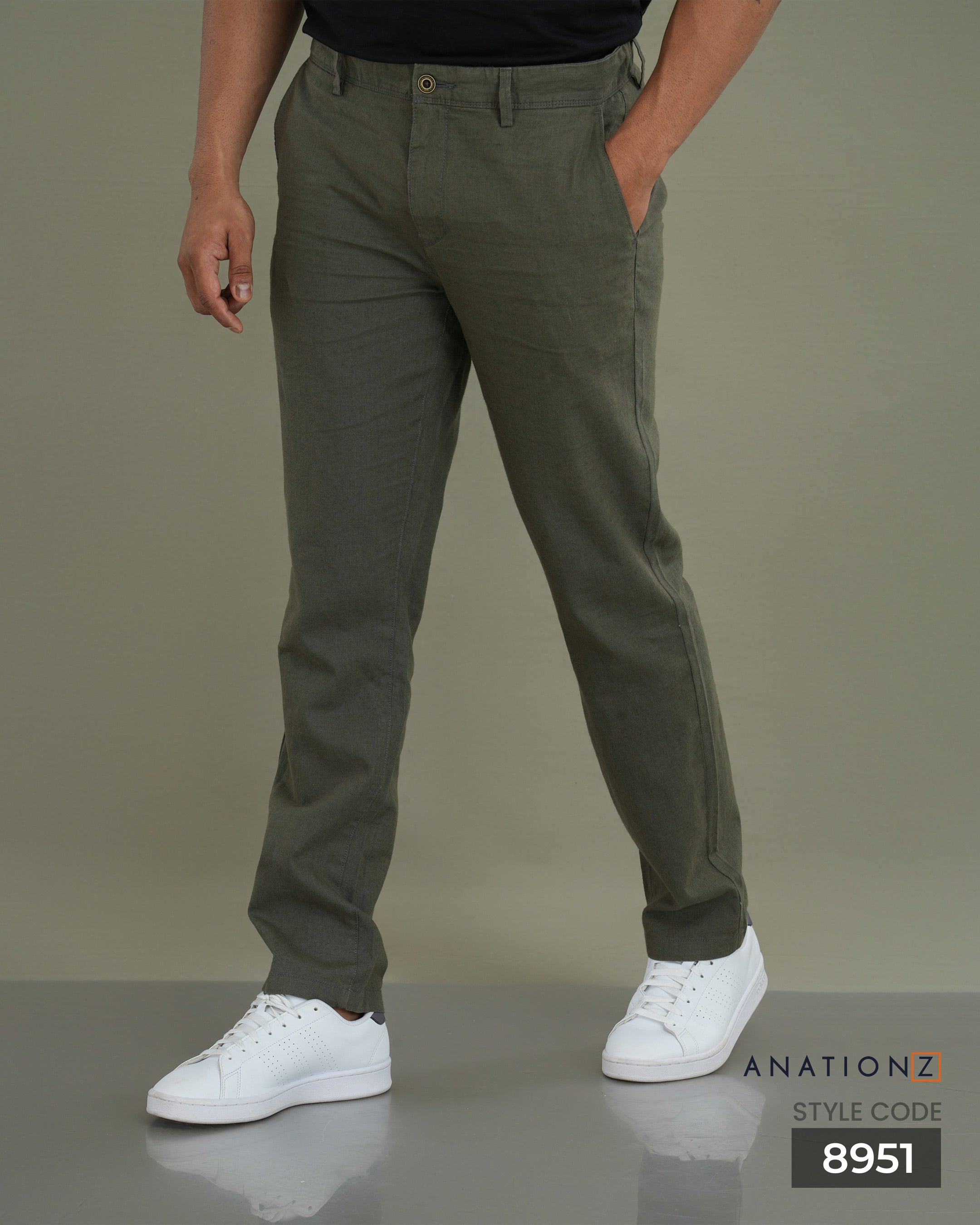 Linen Cotton Straight Slim Fit Pant - Olive